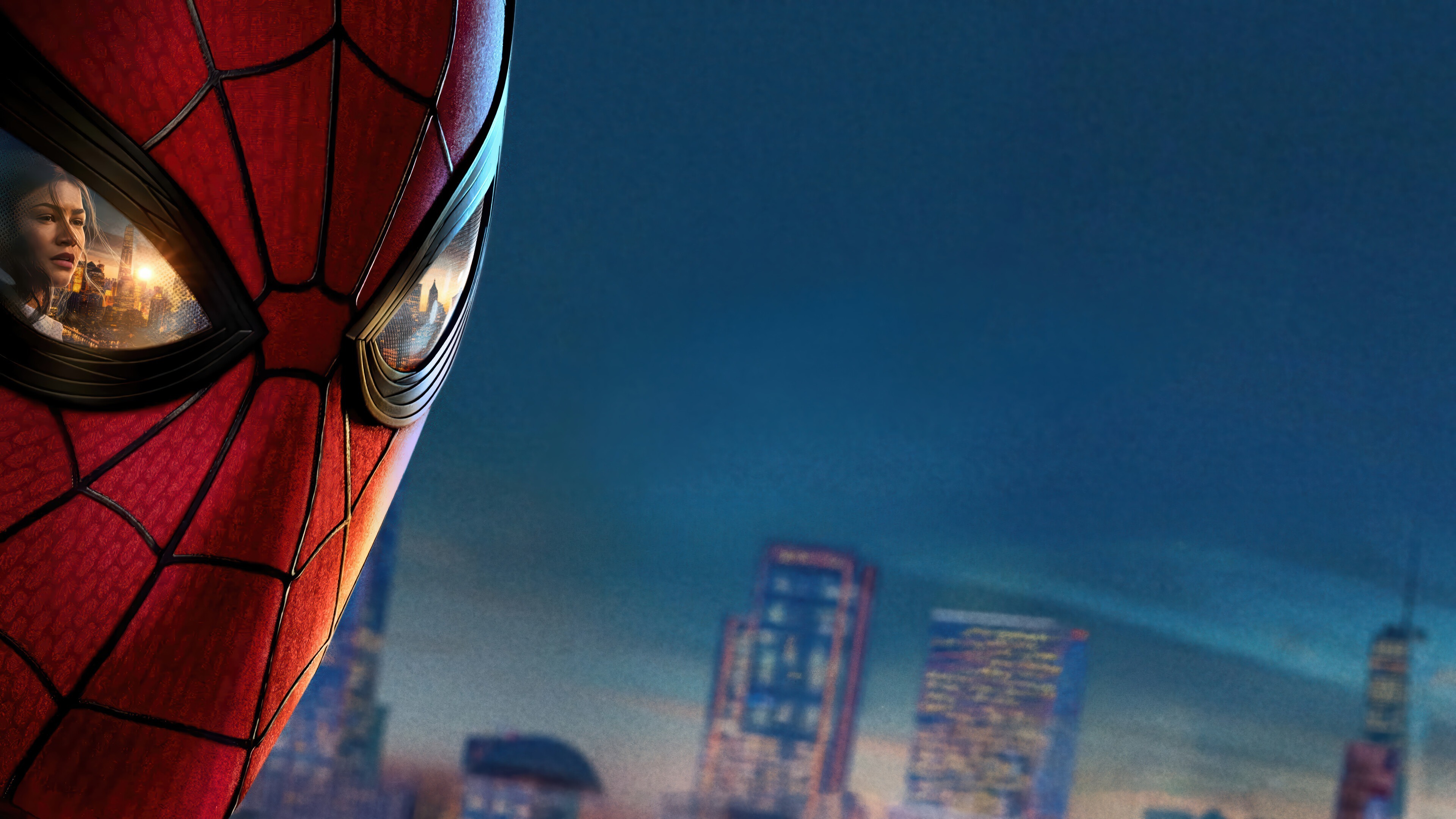 Far From Home, MJ, Red textured mask, Woman reflected in lens, Blurred twilight cityscape, 4K Desktop wallpaper