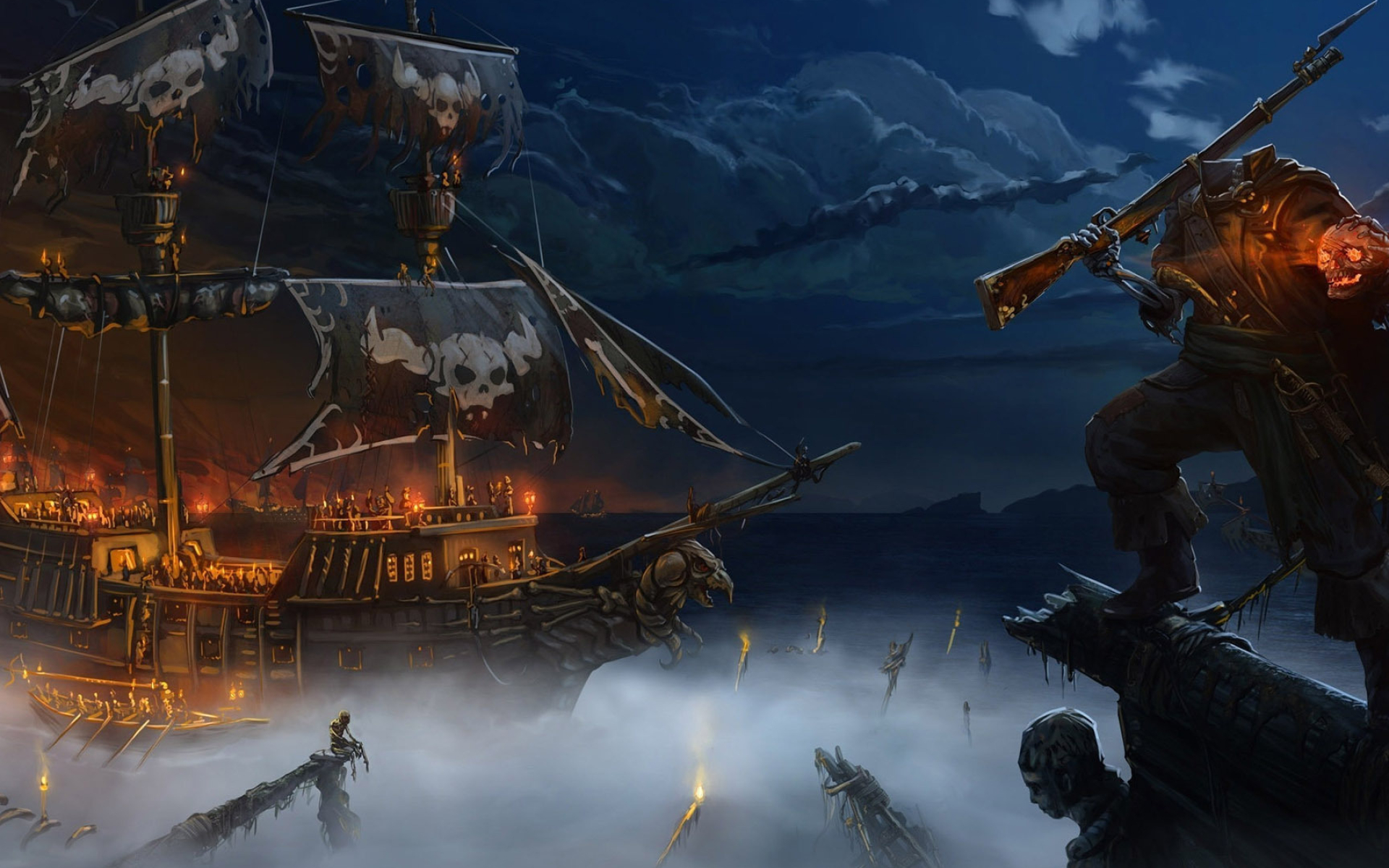 Undead pirate with musket, Ghostly pirate galleon, Foggy nocturnal sea, HD Desktop wallpaper