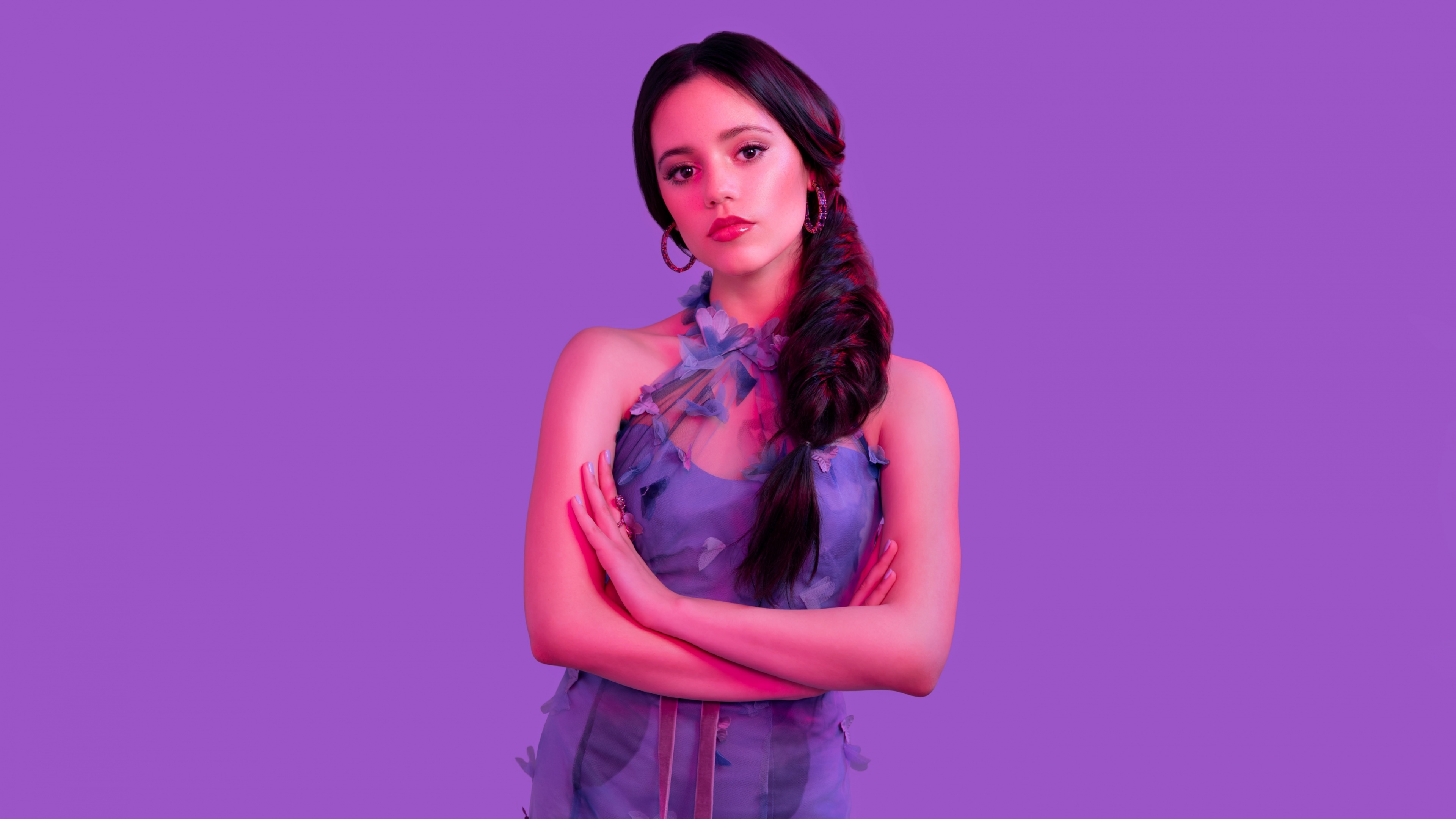 Jenna Ortega, lavender butterfly dress, purple neon lighting, 4K Desktop wallpaper