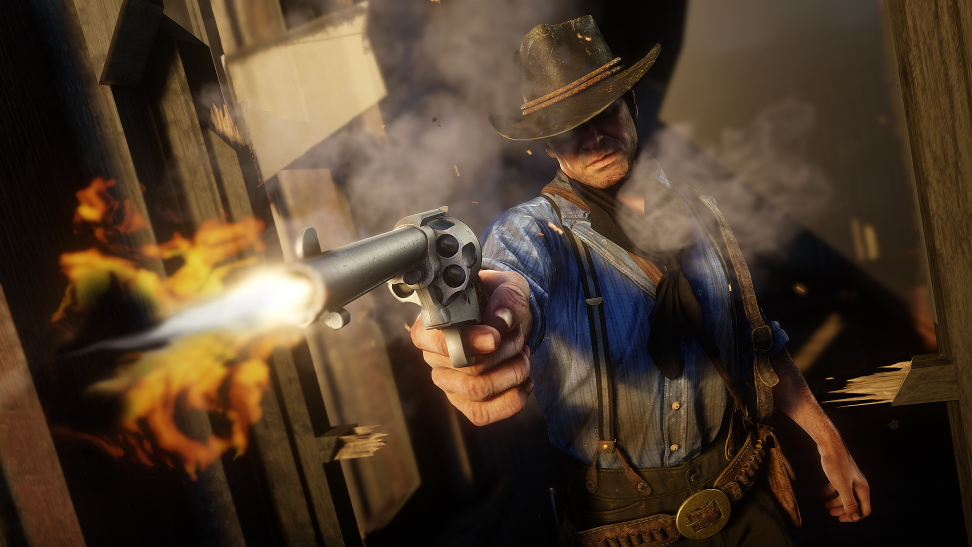 Arthur Morgan, firing Cattleman Revolver, gunfire muzzle flash, Full HD Desktop wallpaper