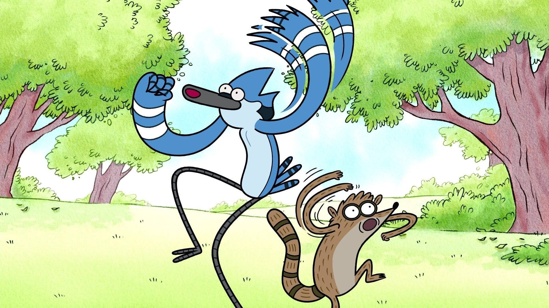 Mordecai cheering with raised fist, Rigby jumping, Sunlit park trees, Regular Show, Full HD Desktop wallpaper
