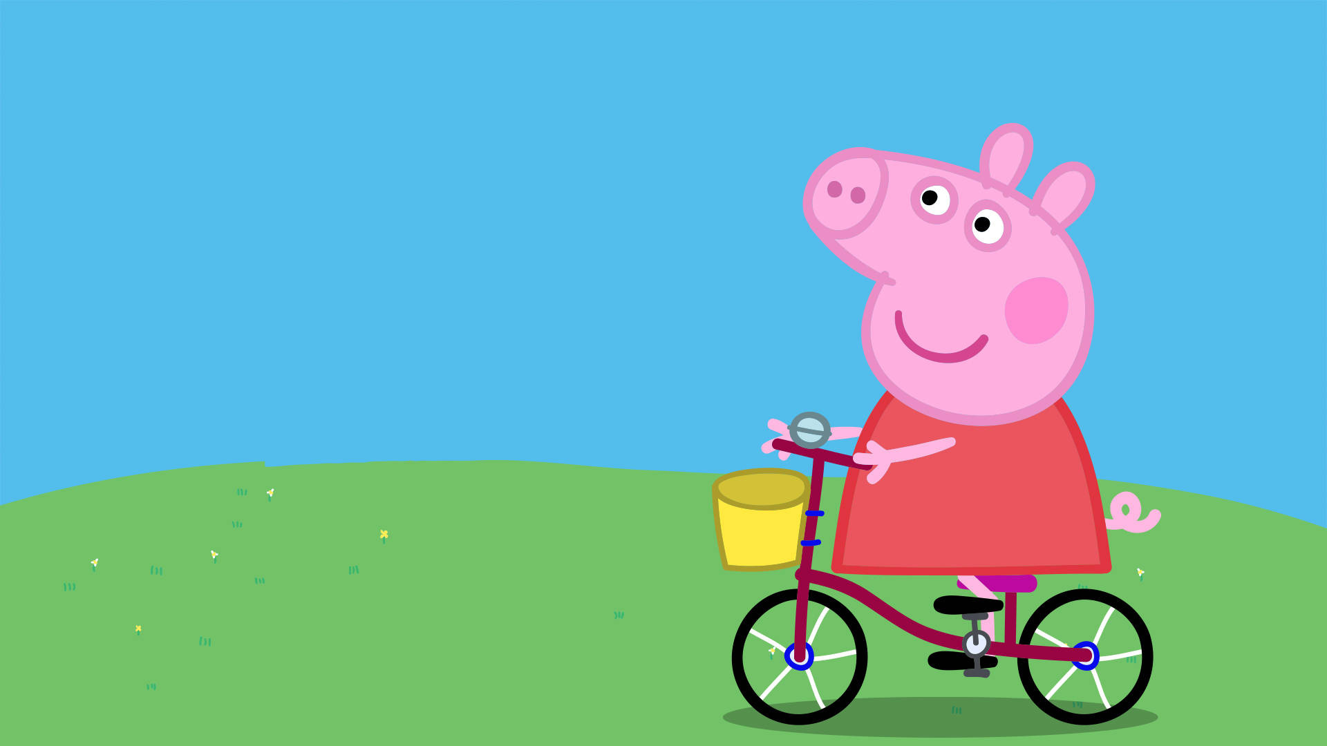 Peppa Pig, Red bicycle with yellow basket, Grassy green hill, Full HD Desktop wallpaper