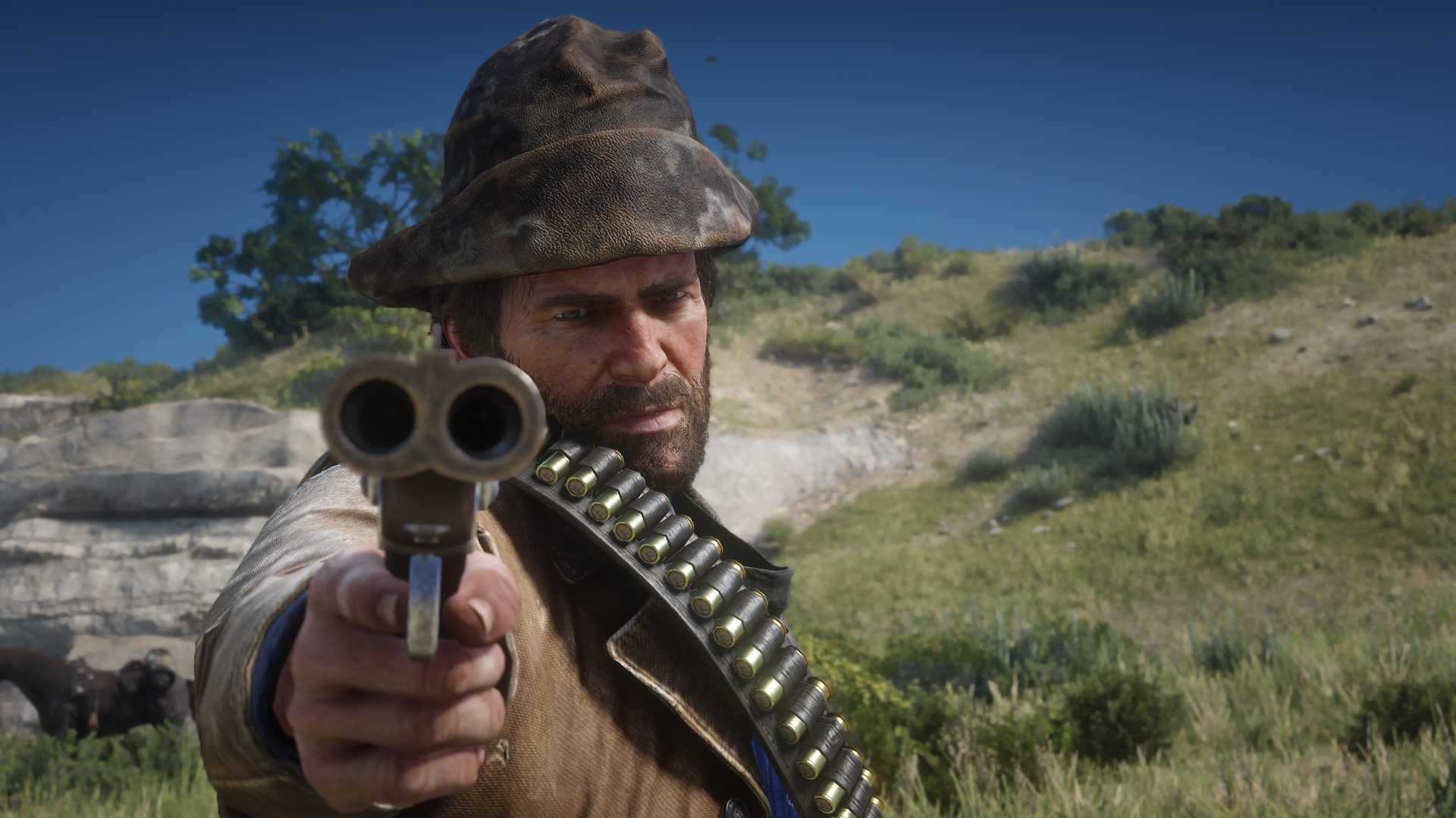Arthur Morgan, sawed-off shotgun, leather bullet bandolier, Full HD Desktop wallpaper
