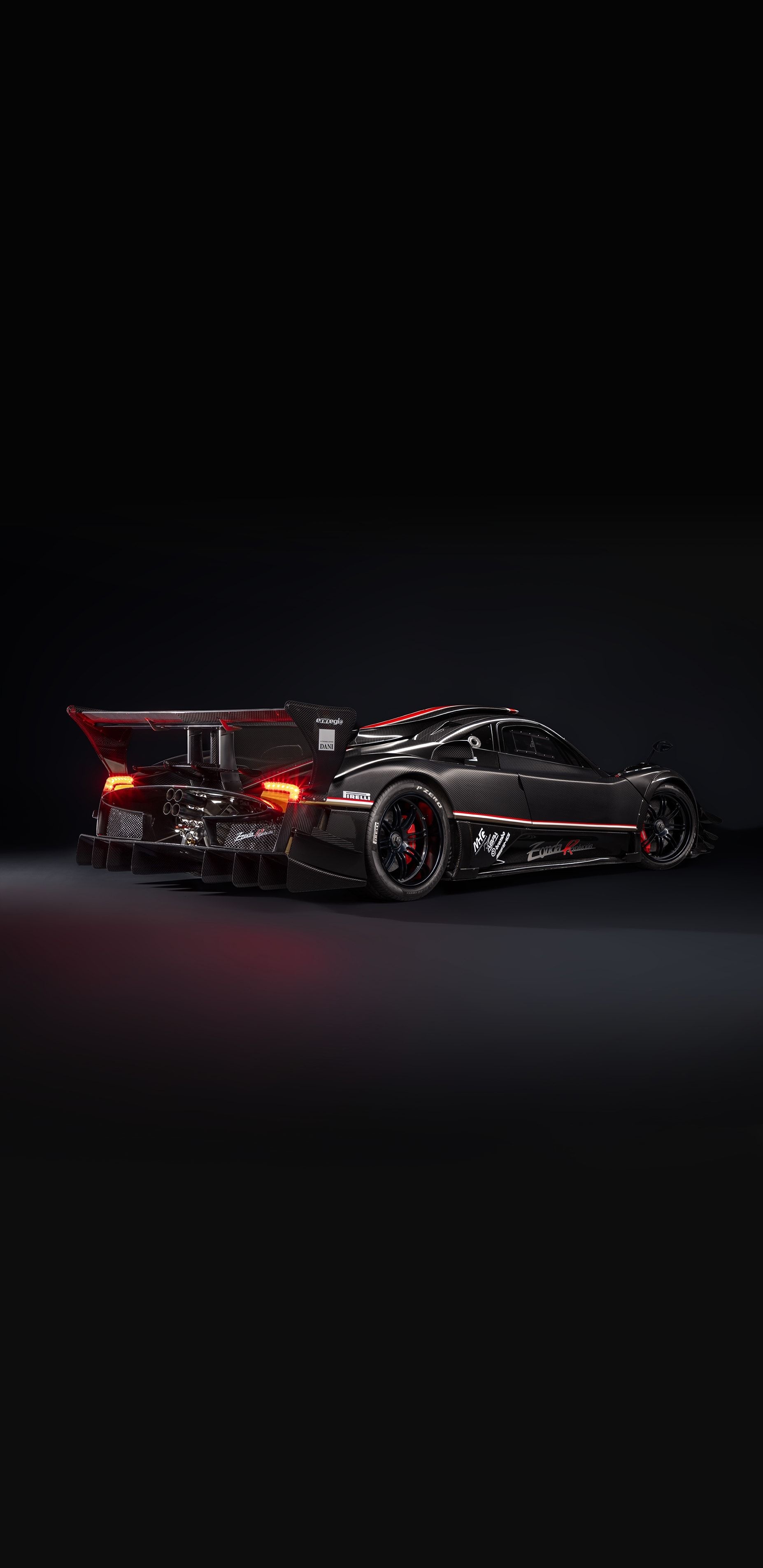Pagani Zonda R, carbon fiber diffuser, dark studio setting, HD Phone wallpaper