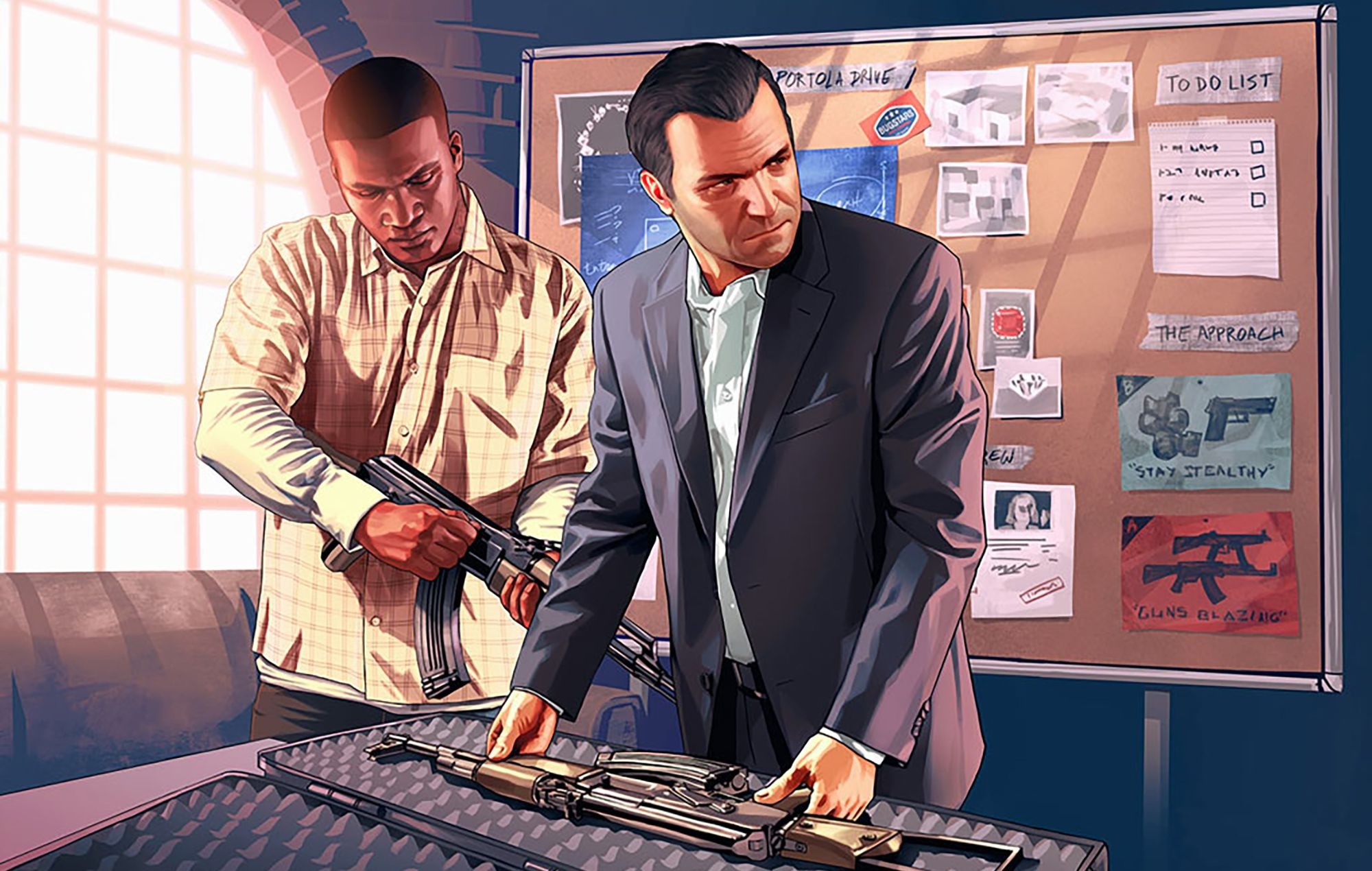 Michael De Santa in grey suit, Franklin Clinton in plaid shirt, Heist planning corkboard, Assault rifles in case, Grand Theft Auto V artwork, HD Desktop wallpaper