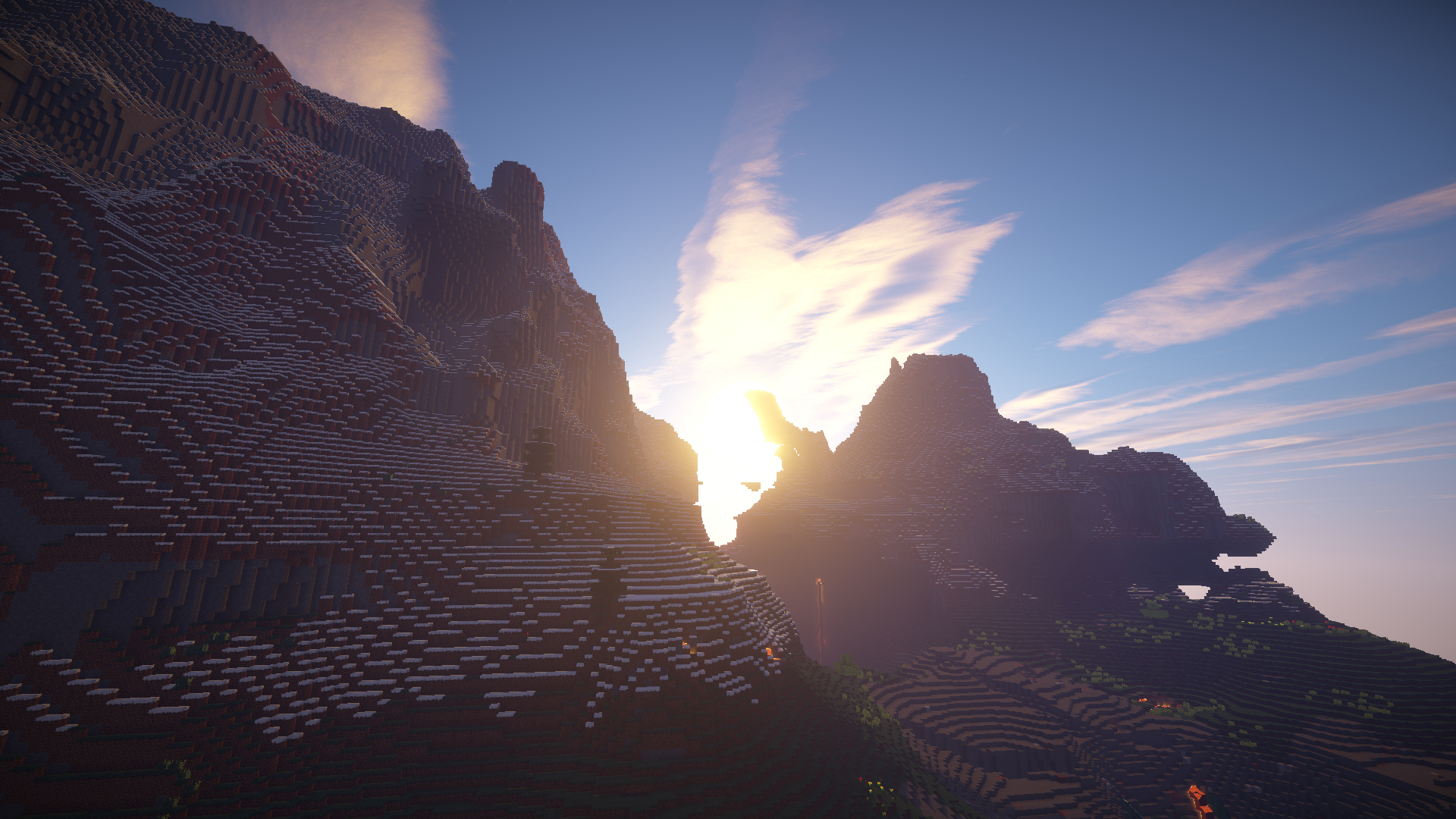 Minecraft mountain biome, sunlight between cliffs, realistic shader sky, Full HD Desktop wallpaper