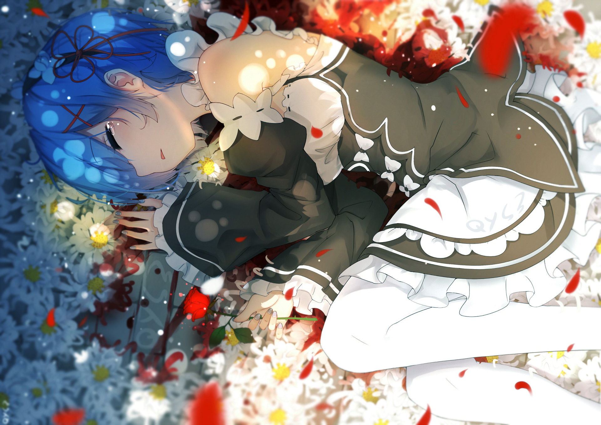 Rem from Re:Zero, Frilly maid outfit, Bed of blooming flowers, HD Desktop wallpaper