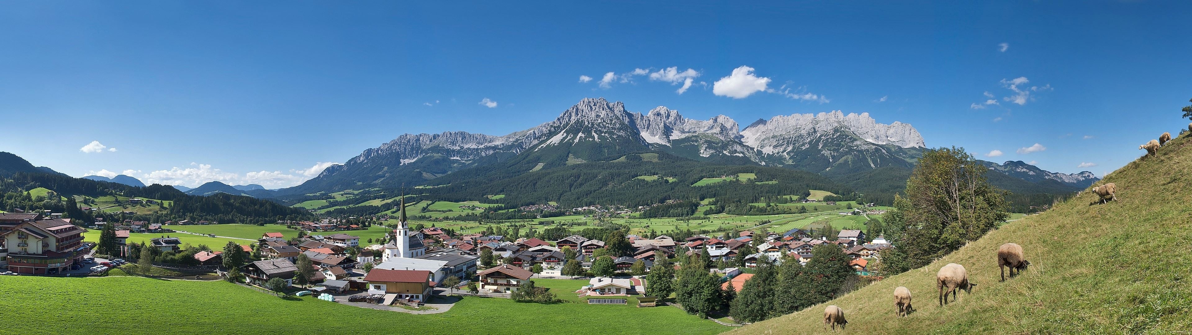 Austrian town, Valley landscape, Sheep roaming, Multiple displays, 3840x1080 Dual Screen Desktop