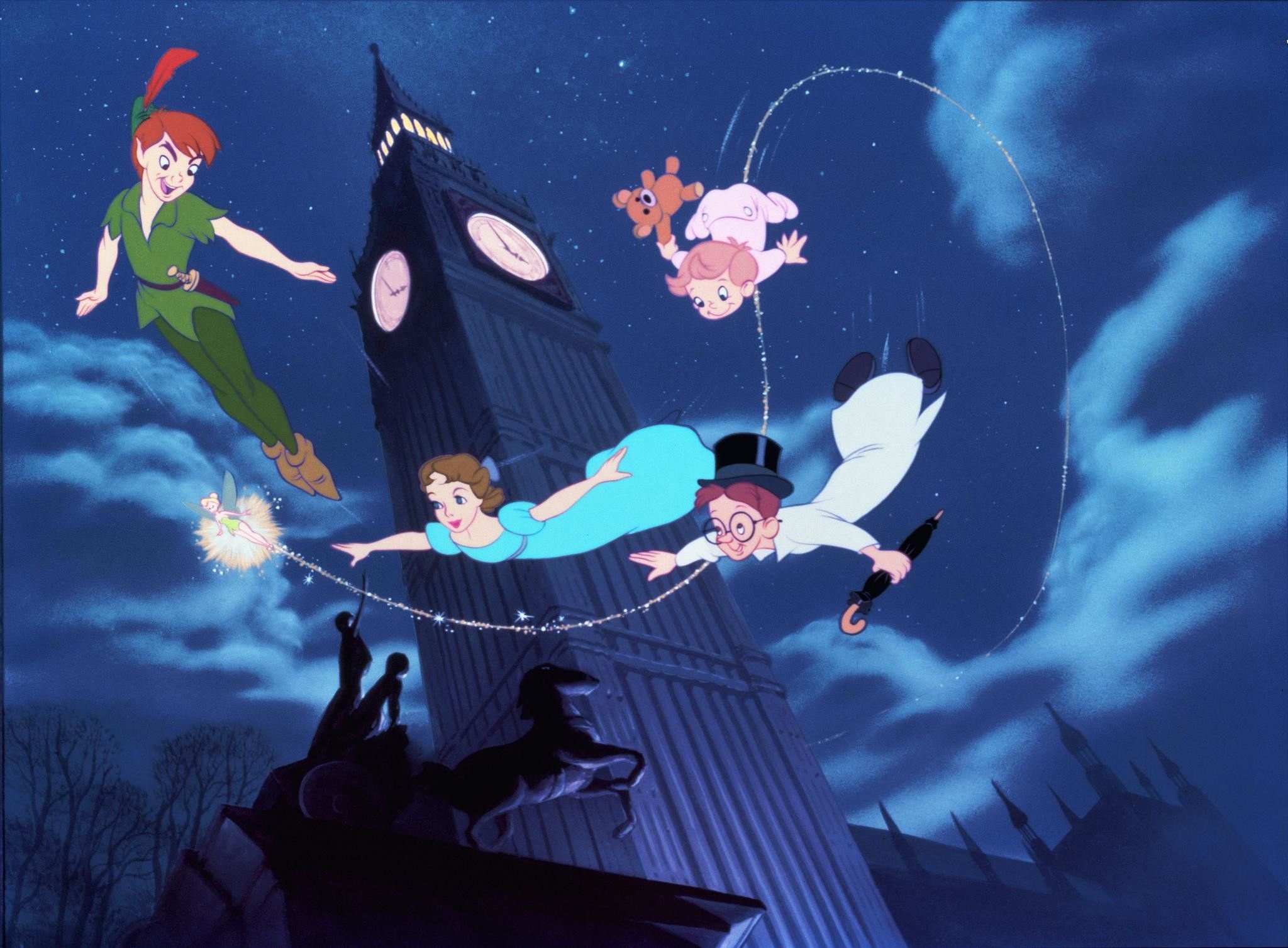 Peter Pan, Wendy Darling, Tinker Bell, Michael and John Darling, Big Ben clock tower, HD Desktop wallpaper