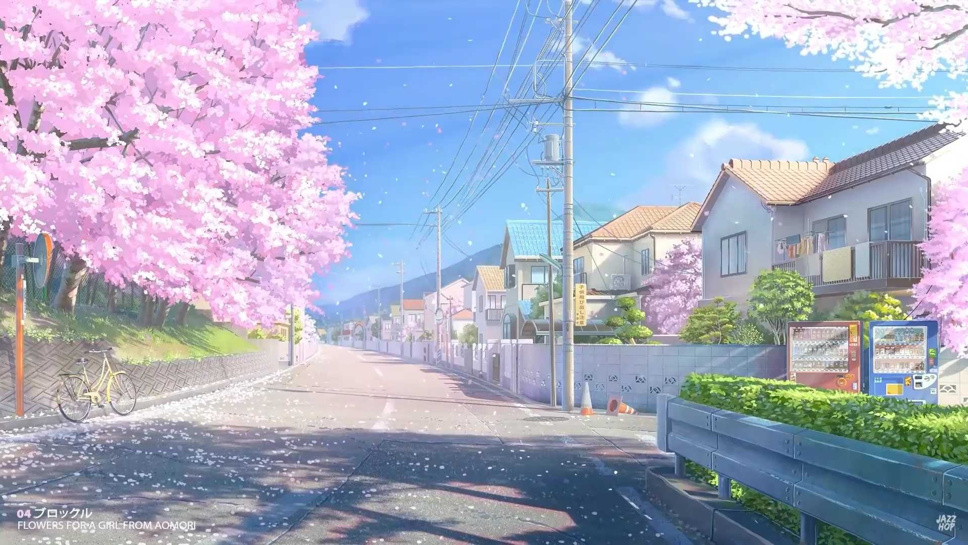 Blooming cherry blossom tree, Japanese suburban street, Street vending machines, Full HD Desktop wallpaper