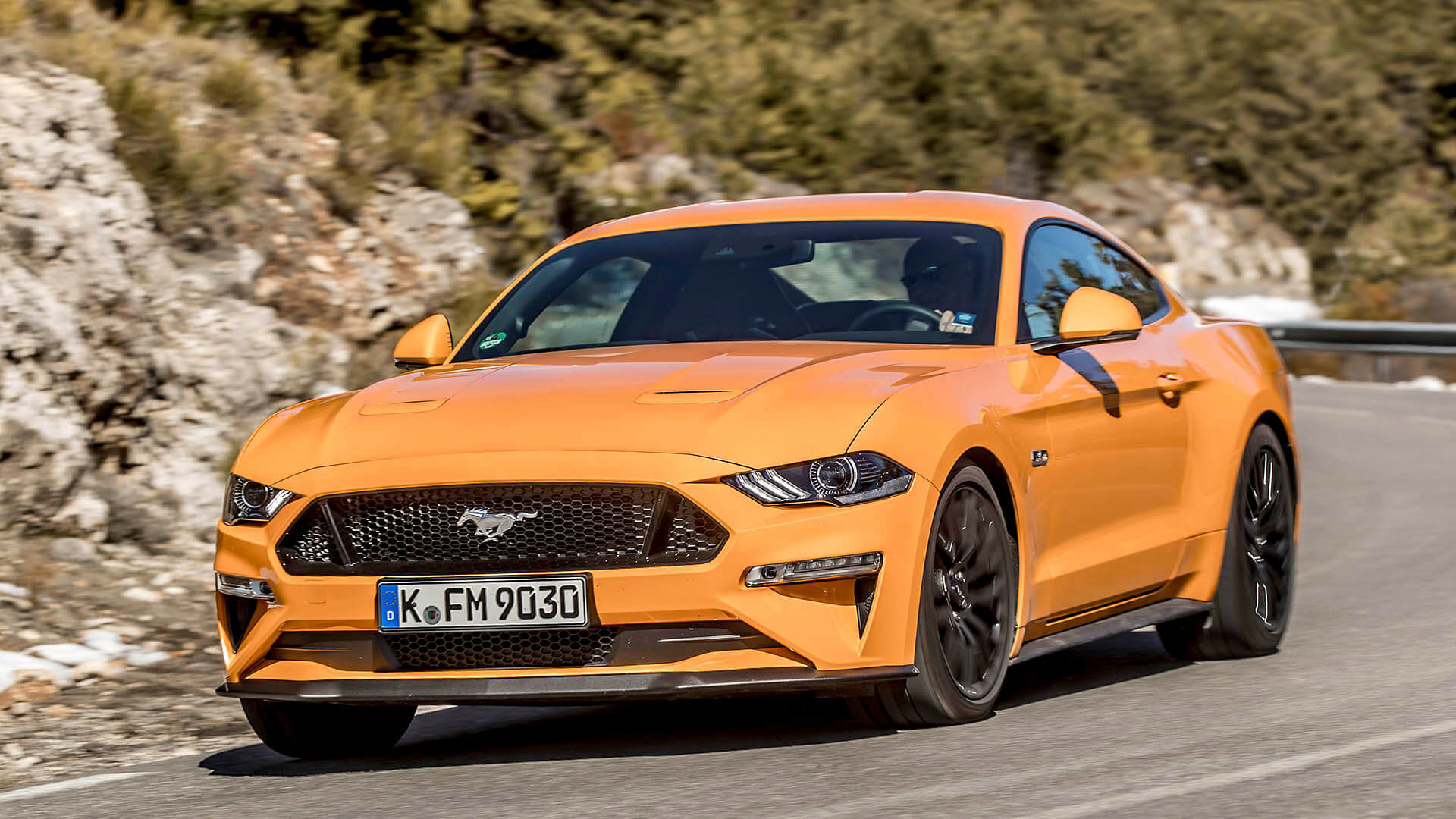 Ford Mustang GT Fastback, Mountain pass road, Orange Fury metallic paint, Full HD Desktop wallpaper