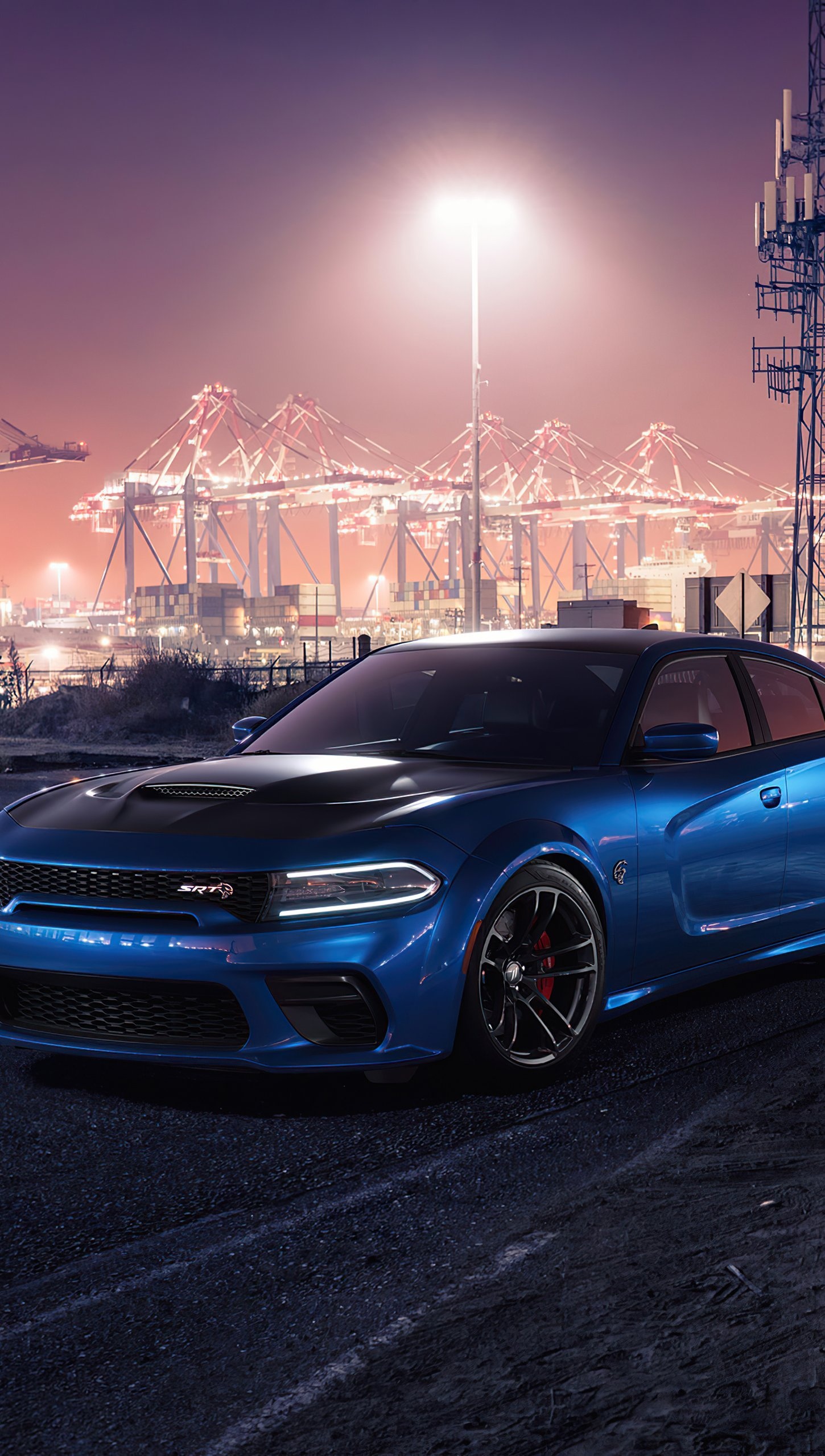 Dodge Charger SRT Hellcat Widebody, illuminated port gantry cranes, industrial harbor night scene, HD Phone wallpaper