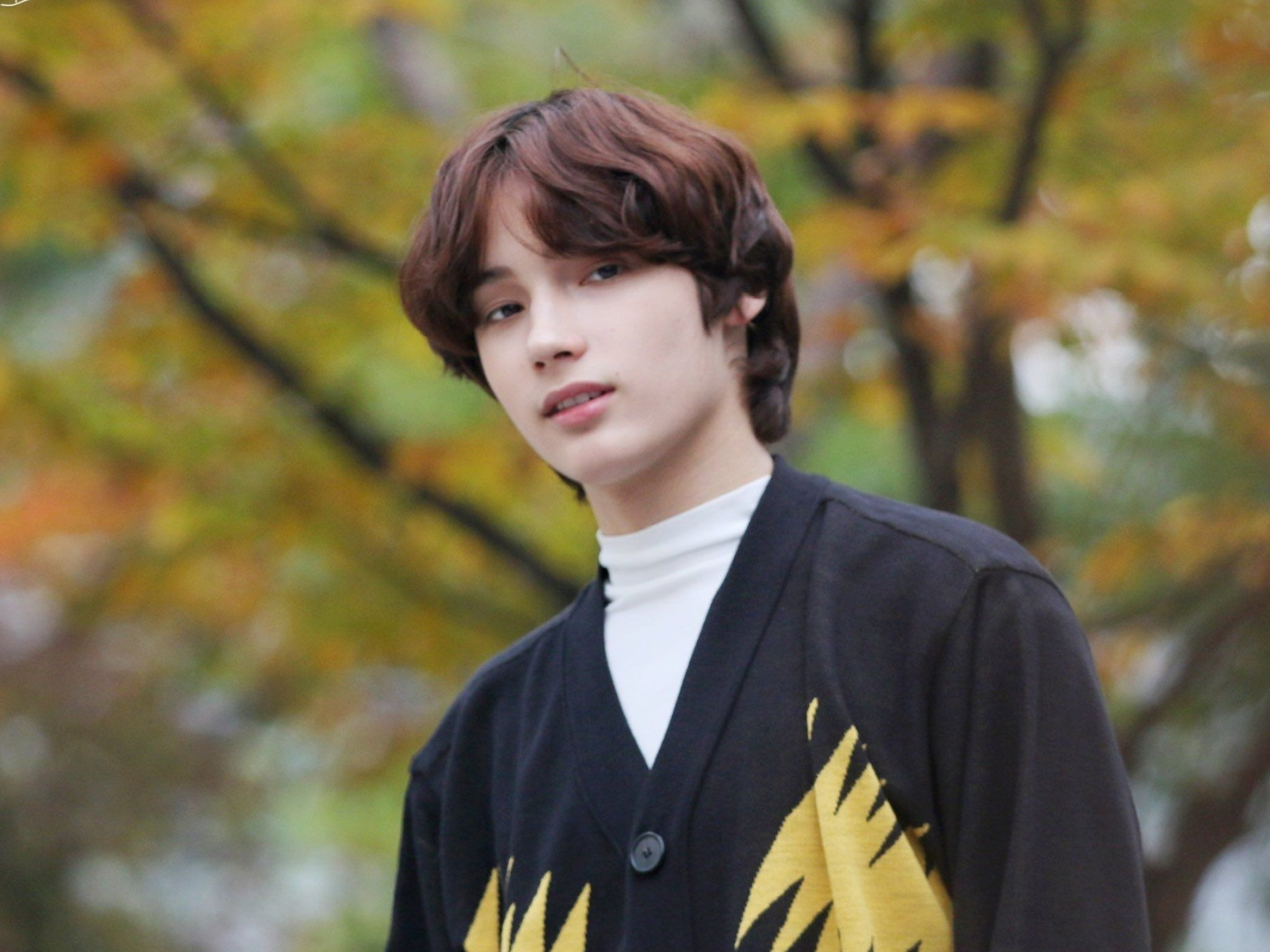 TXT Huening Kai, Black patterned cardigan, Autumn foliage background, HD Desktop wallpaper