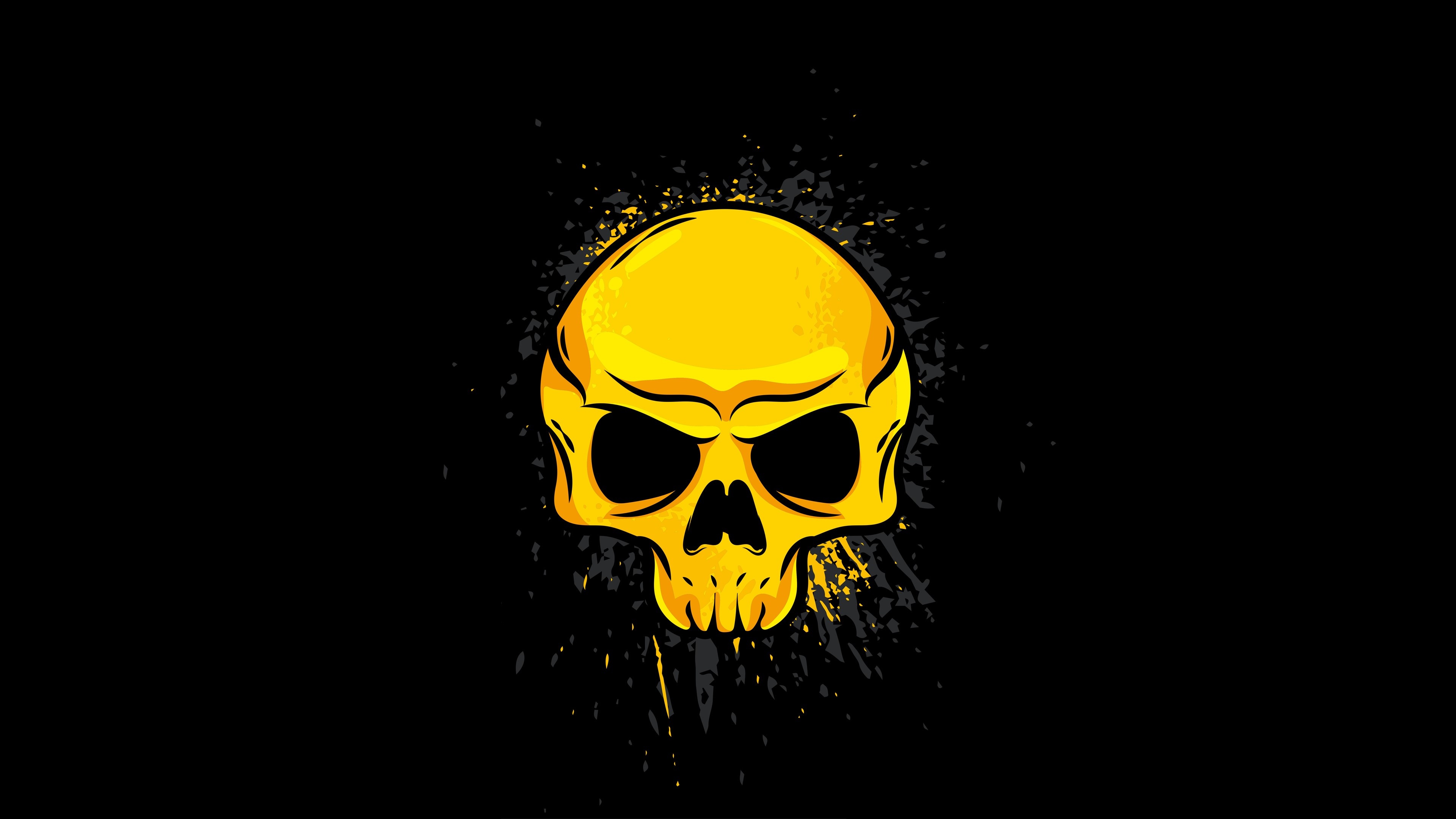 Yellow vector skull, Ink splatter burst, Dark negative space, 4K Desktop wallpaper