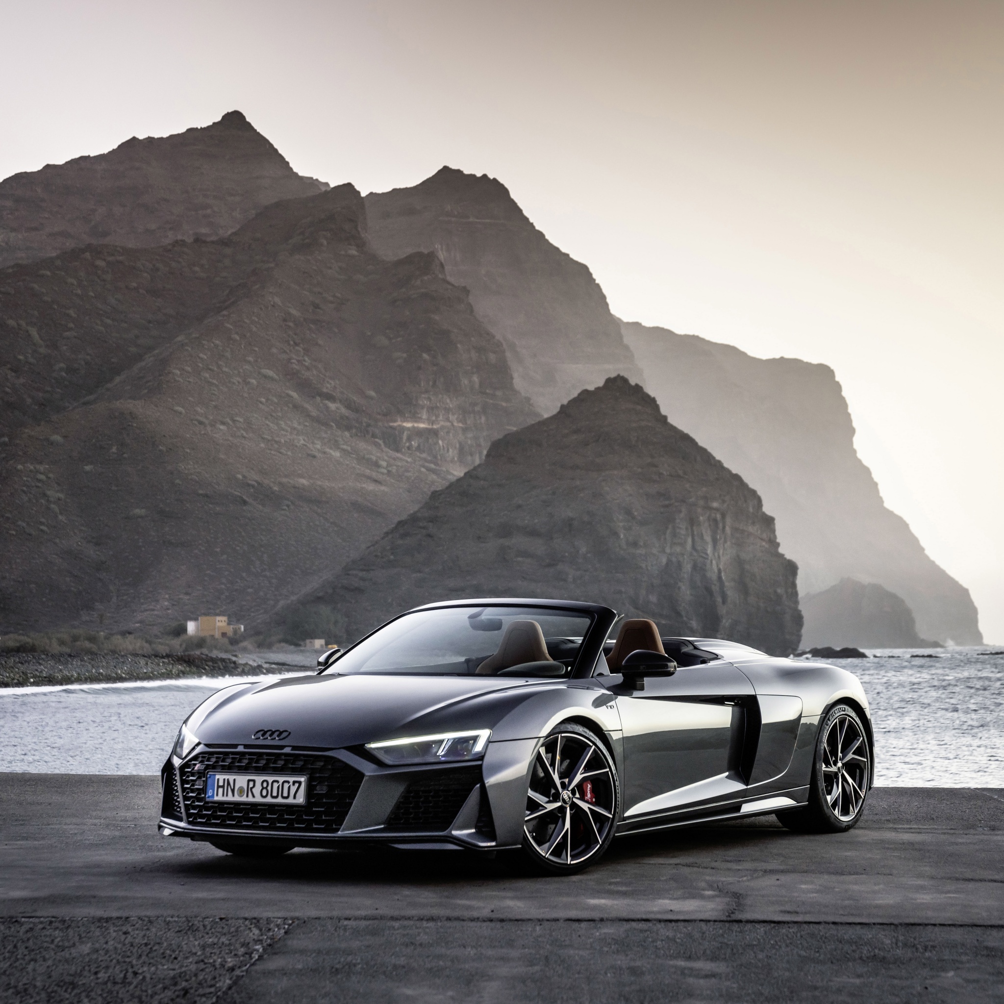 Audi R8 V10 Spyder, coastal sea cliffs, ocean waterfront pier, HD Phone wallpaper