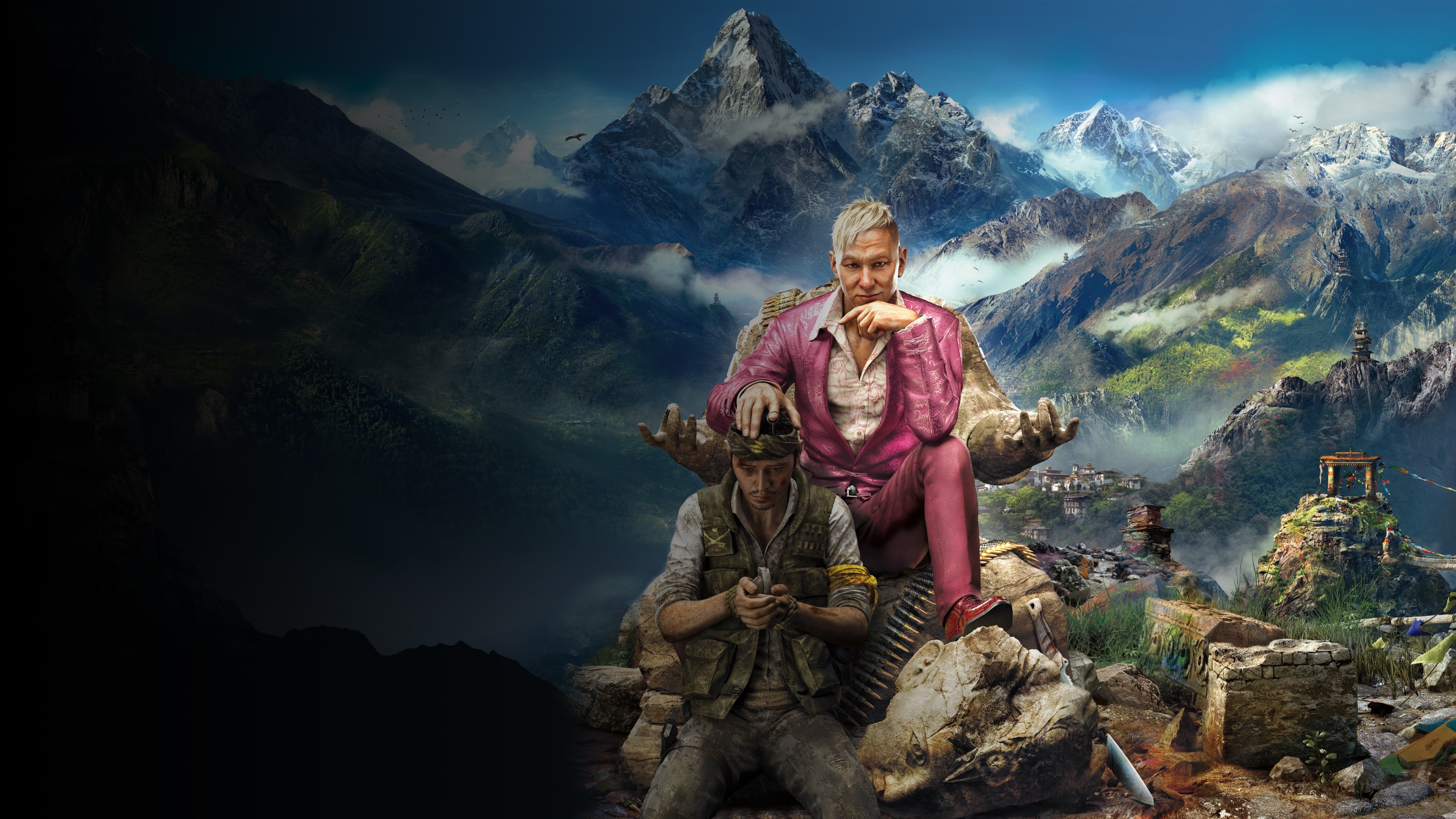 Pagan Min in pink suit, Kneeling rebel with grenade, Kyrat mountain landscape, 4K Desktop wallpaper