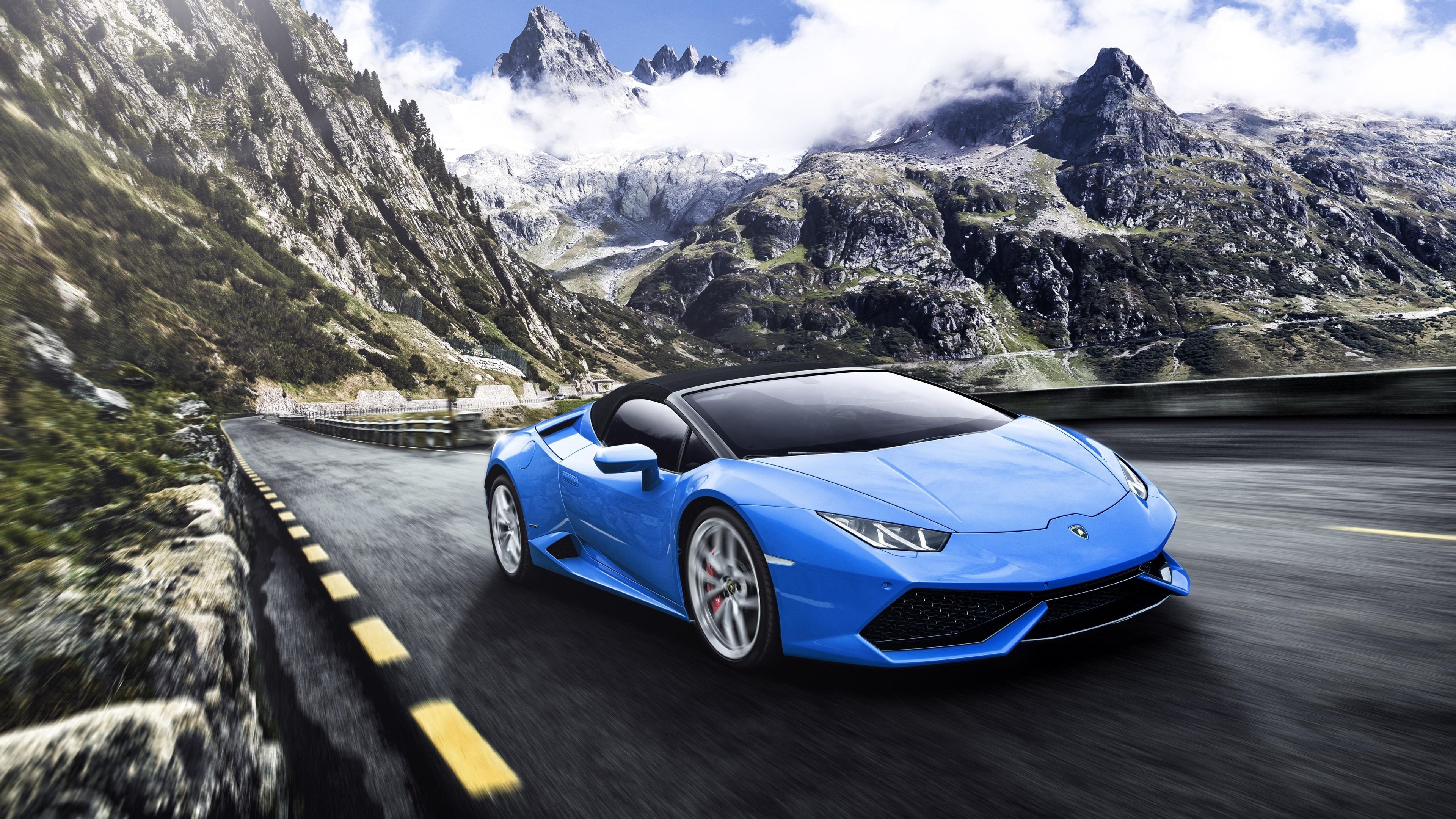 Lamborghini Huracan Spyder, Alpine mountain pass, snow-capped mountain peaks, 4K Desktop wallpaper