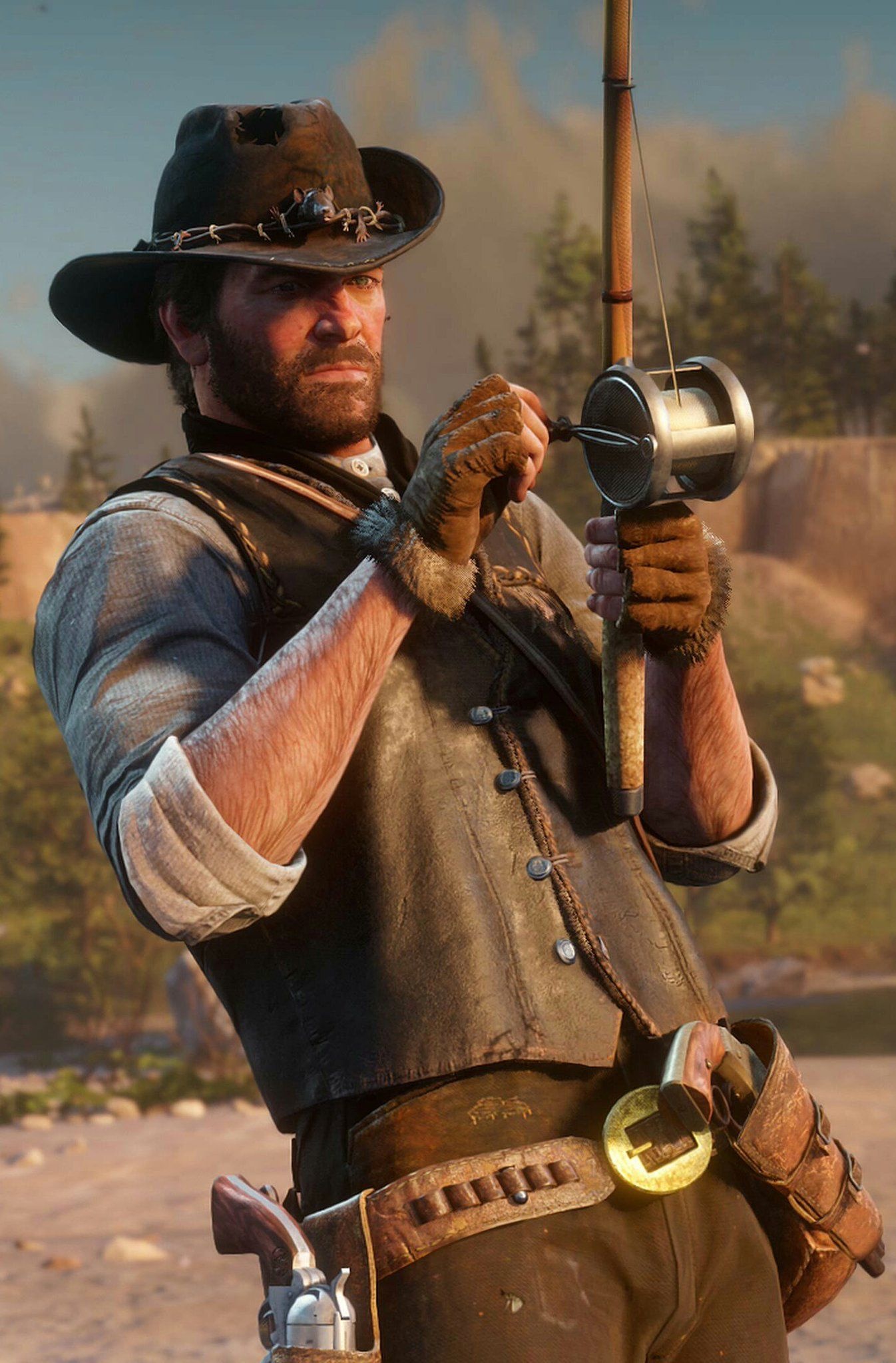 Arthur Morgan, fishing rod and reel, holstered Cattleman revolver, HD Phone wallpaper