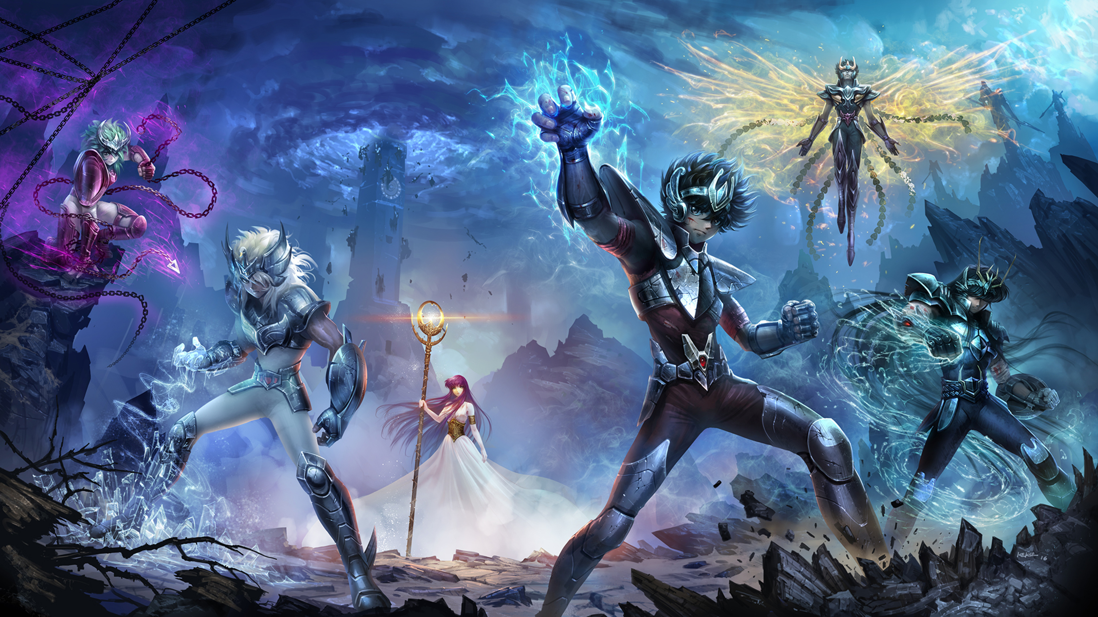 Pegasus Seiya, Cygnus Hyoga, Dragon Shiryu, Andromeda Shun, Saori Kido Athena, 4K Desktop wallpaper