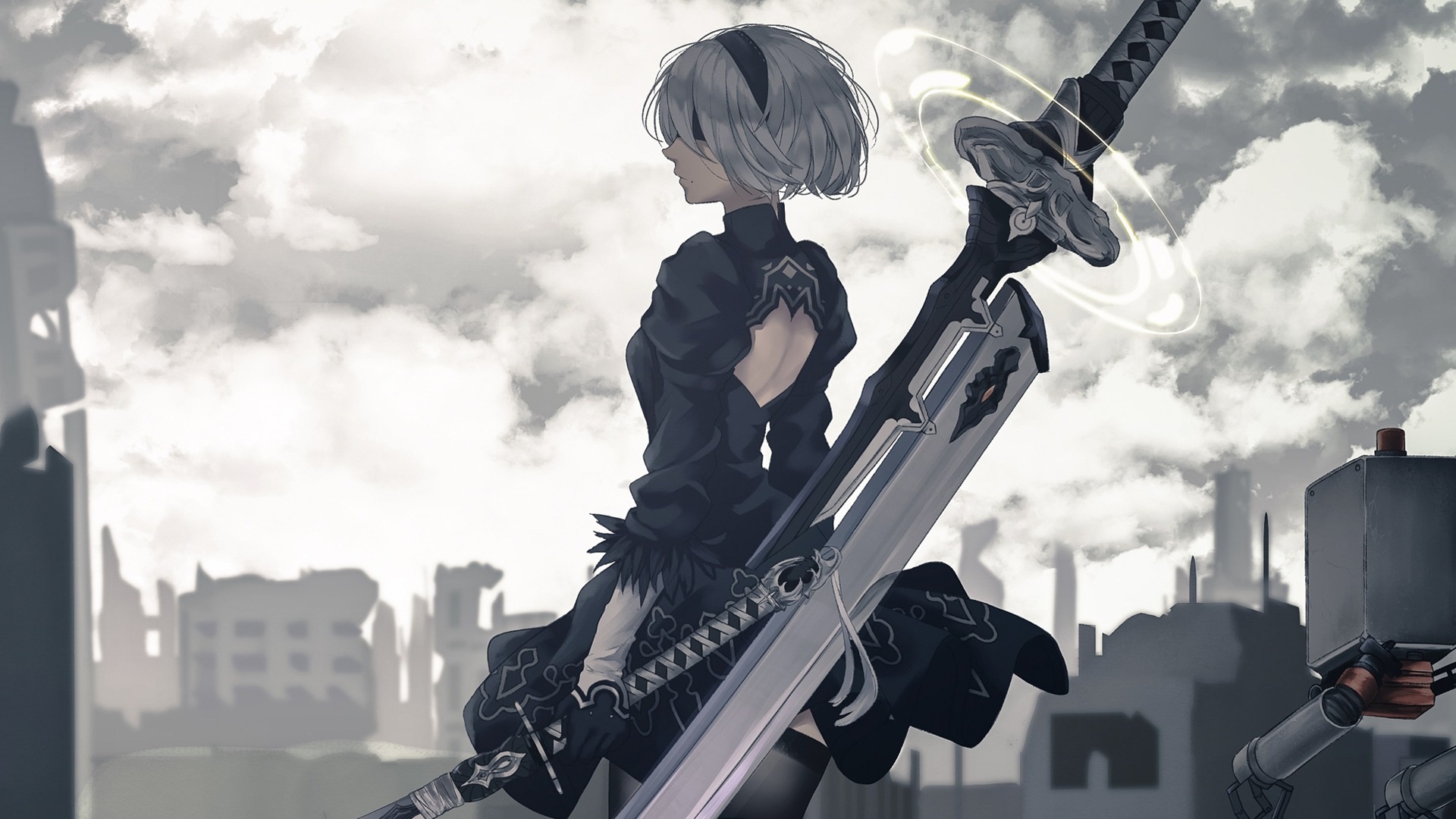 2B NieR:Automata, Virtuous Treaty greatsword, Pod 042, Full HD Desktop wallpaper