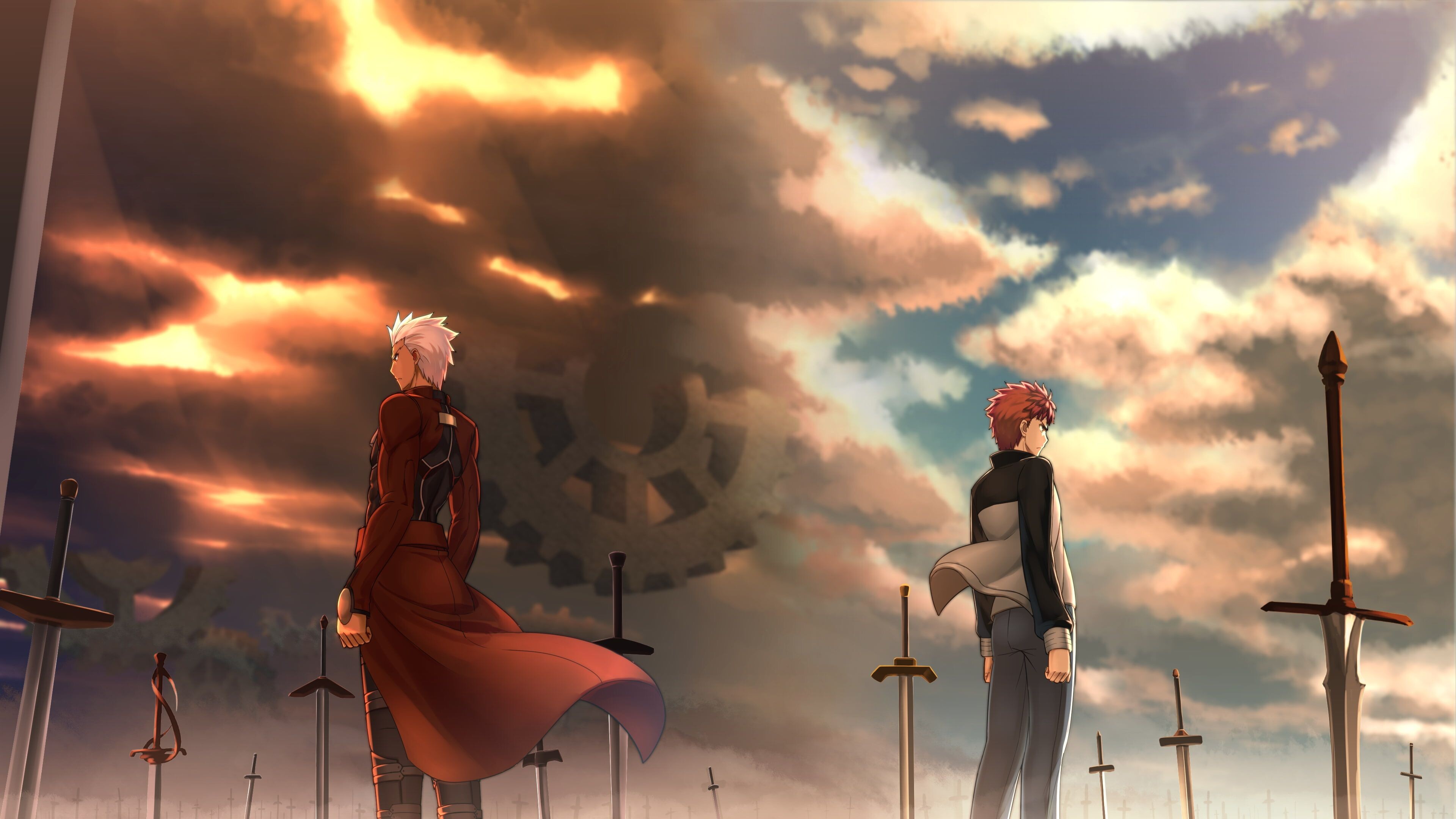 Gilgamesh (Fate/Zero), Attack on Titan crossover, Epic anime mashup, Intense rivalry, 3840x2160 4K Desktop
