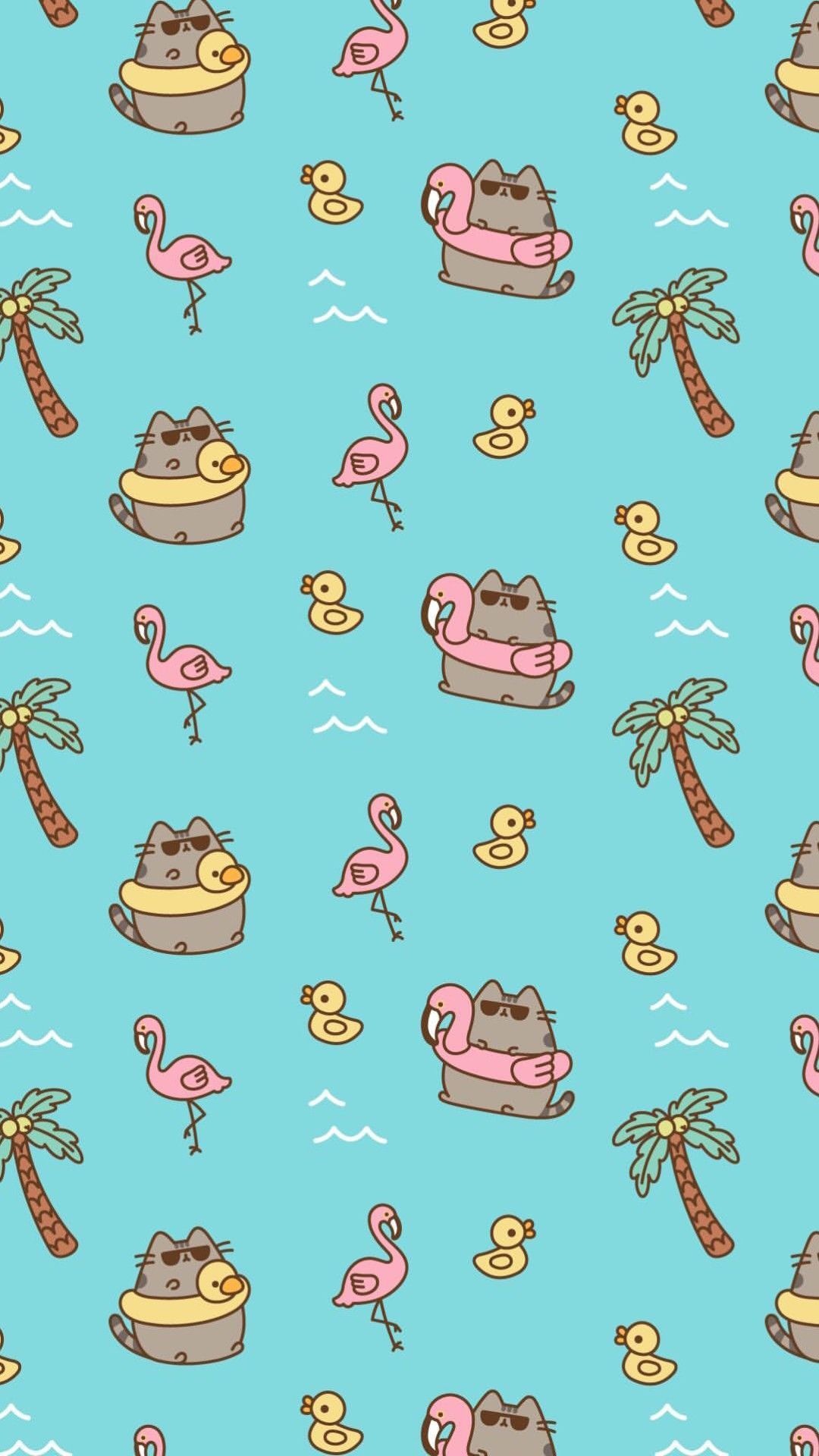 Pusheen the Cat, Inflatable flamingo pool float, Cartoon palm trees, Full HD Phone wallpaper