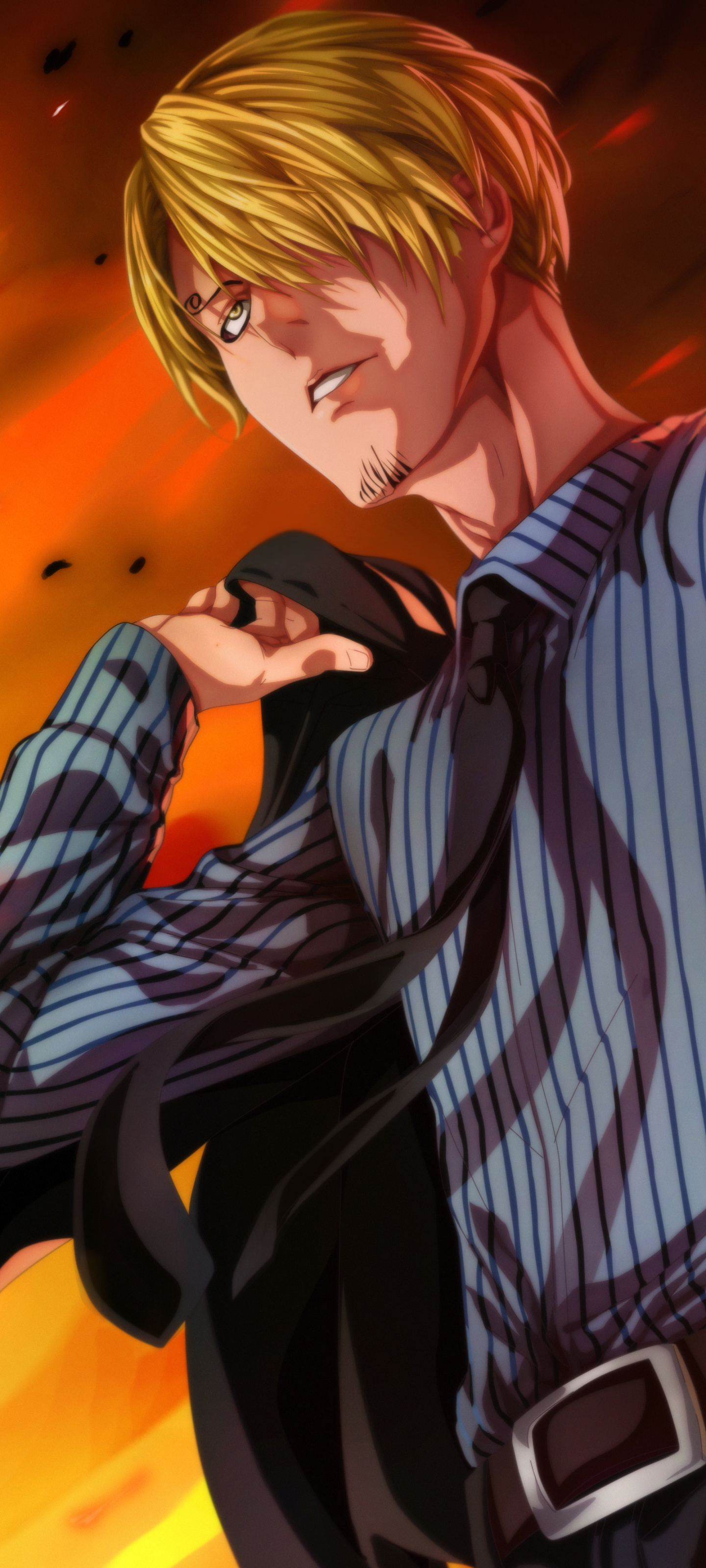 Vinsmoke Sanji, blue striped shirt, fire and embers, HD Phone wallpaper