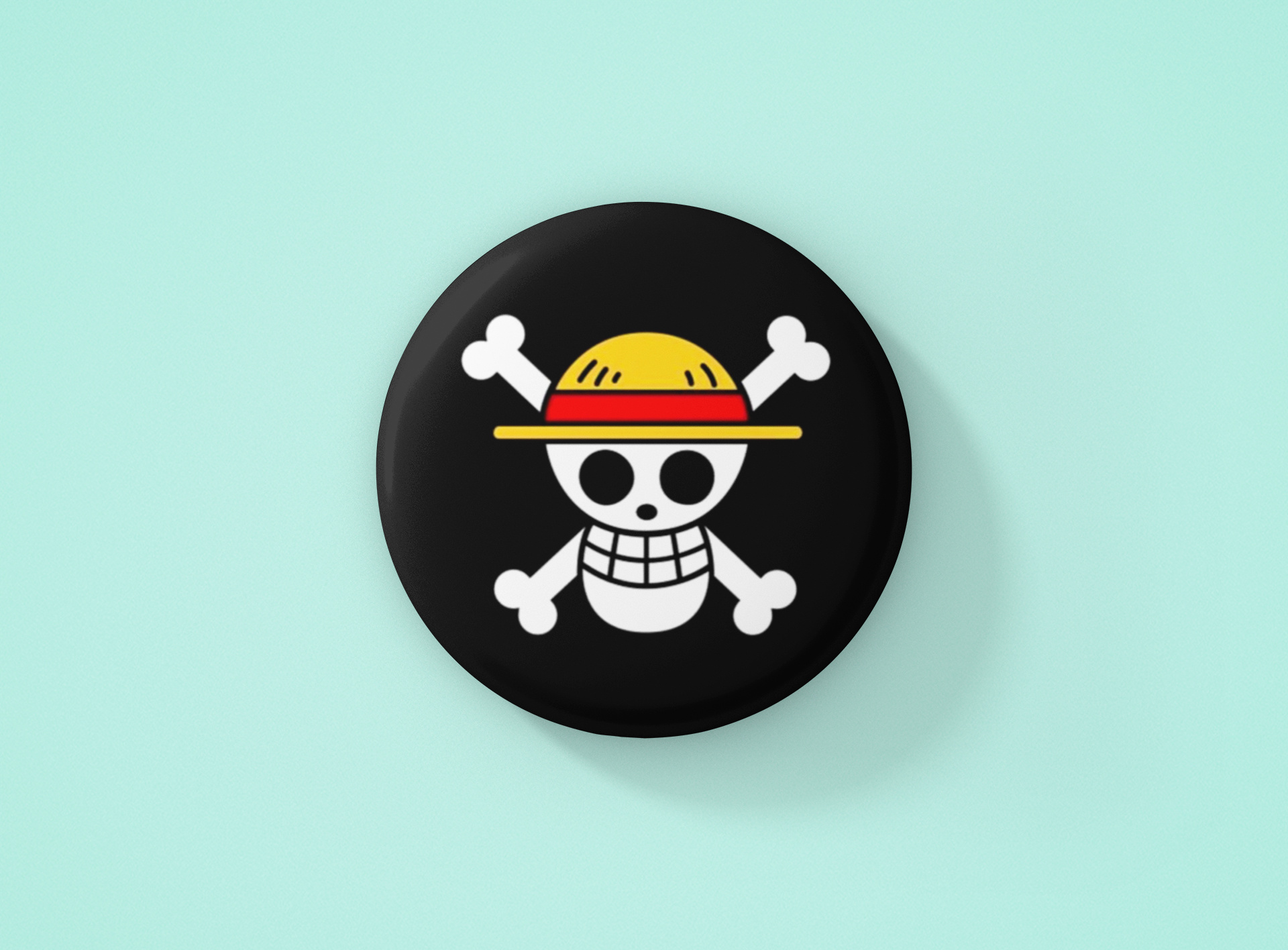Straw Hat Pirates Jolly Roger, black pinback button, mint green surface, HD Desktop wallpaper