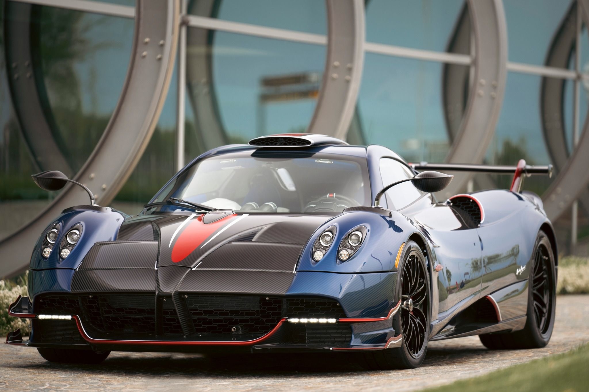 Pagani Huayra BC, modern glass building, blue carbon fiber finish, HD Desktop wallpaper