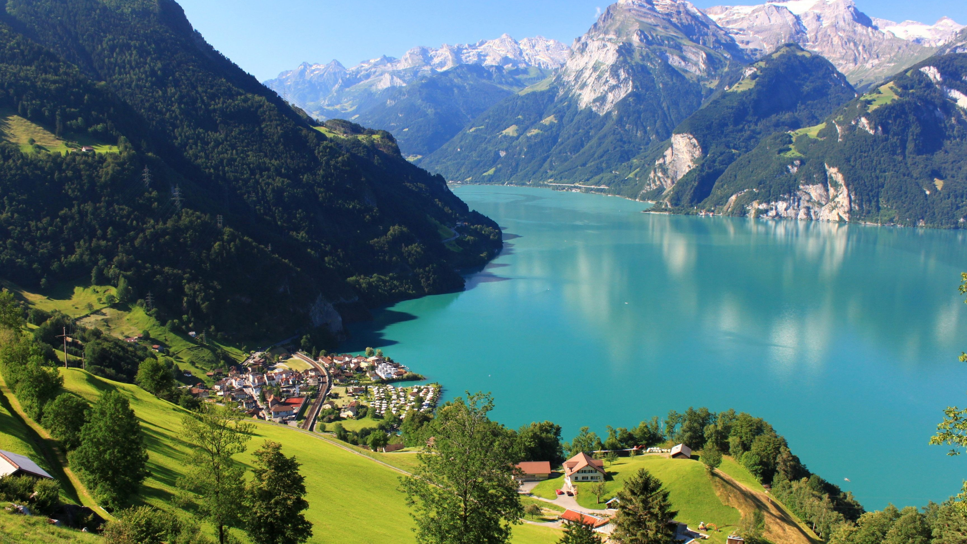 Lake Lucerne, Swiss Alps mountains, Lakeside alpine village, 4K Desktop wallpaper