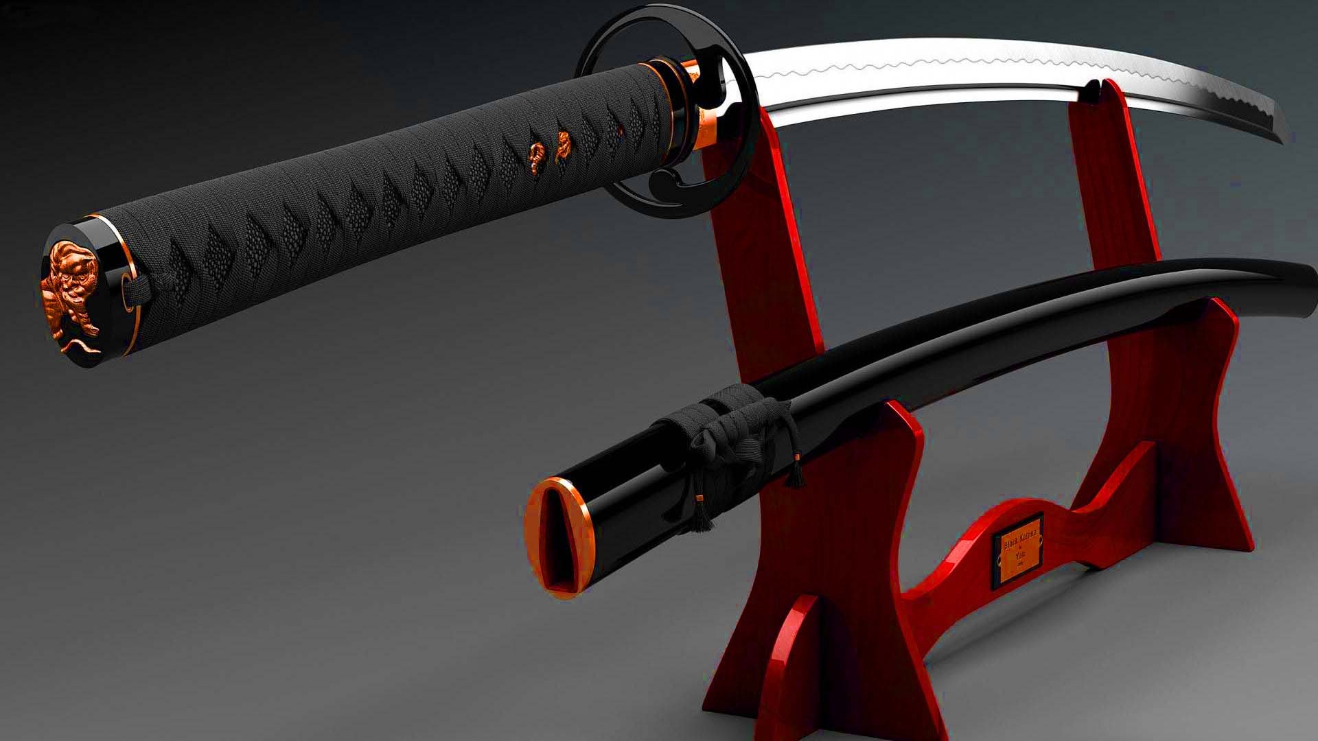Japanese katana sword, Glossy black scabbard, Red wooden sword stand, Full HD Desktop wallpaper
