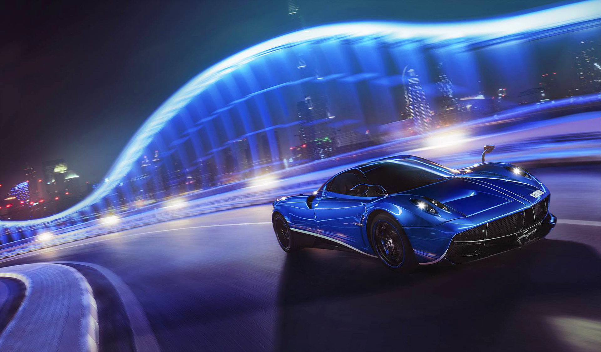 Blue Pagani Huayra, Illuminated arched bridge, Night city motion blur, HD Desktop wallpaper