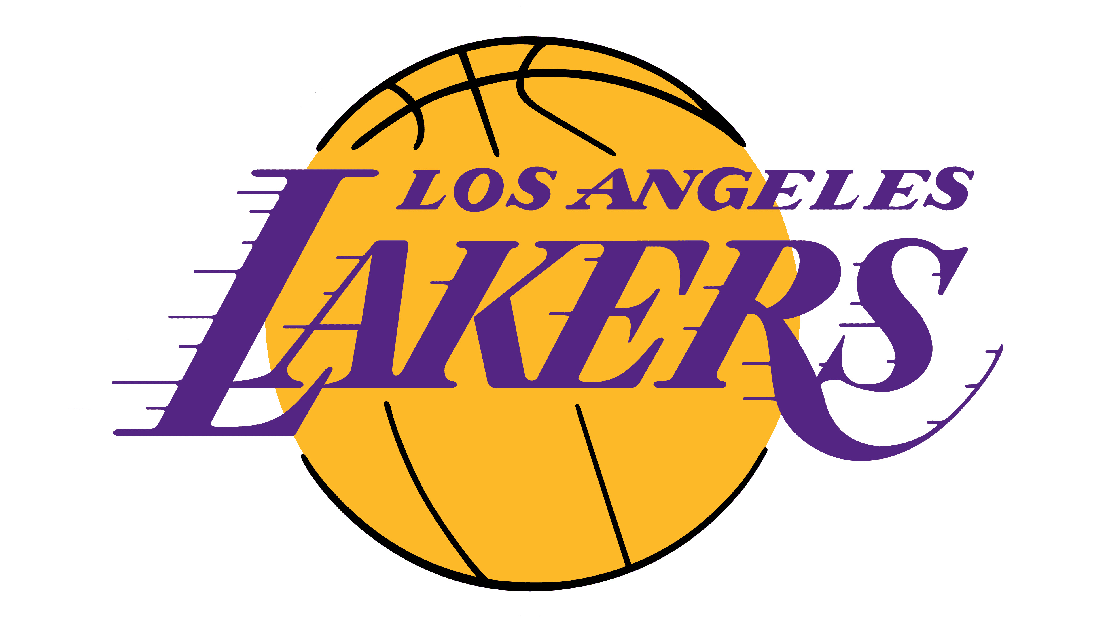 Los Angeles Lakers logo, Gold basketball script wordmark, Plain white backdrop, 4K Desktop wallpaper