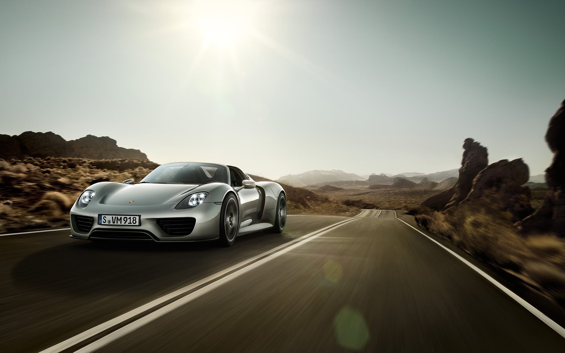 Porsche 918 Spyder, Two-lane desert highway, Arid mountain landscape, HD Desktop wallpaper