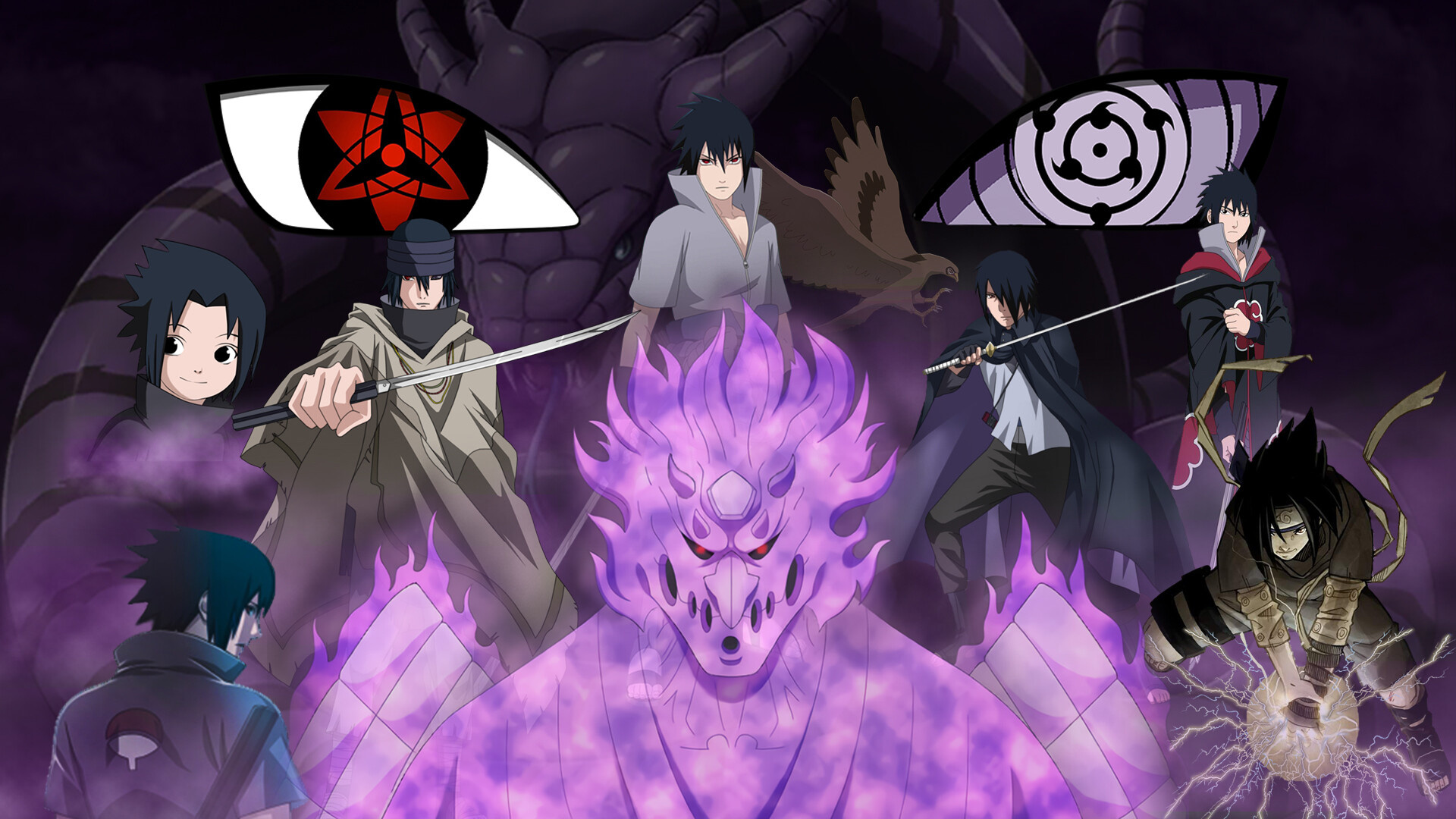 Sasuke Uchiha, Sasuke's purple Susanoo, Eternal Mangekyo Sharingan, Six Tomoe Rinnegan, Aoda, Full HD Desktop wallpaper