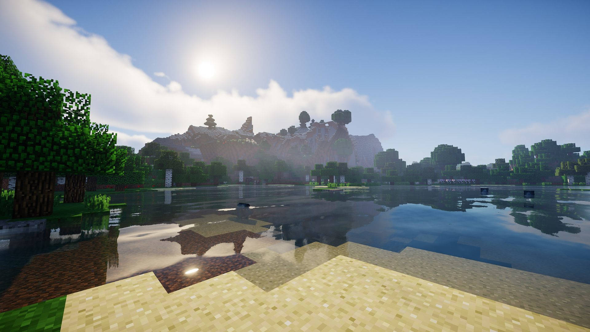 Minecraft shaders water reflection, blocky mountain biome, sunlit sandy lake shore, Full HD Desktop wallpaper
