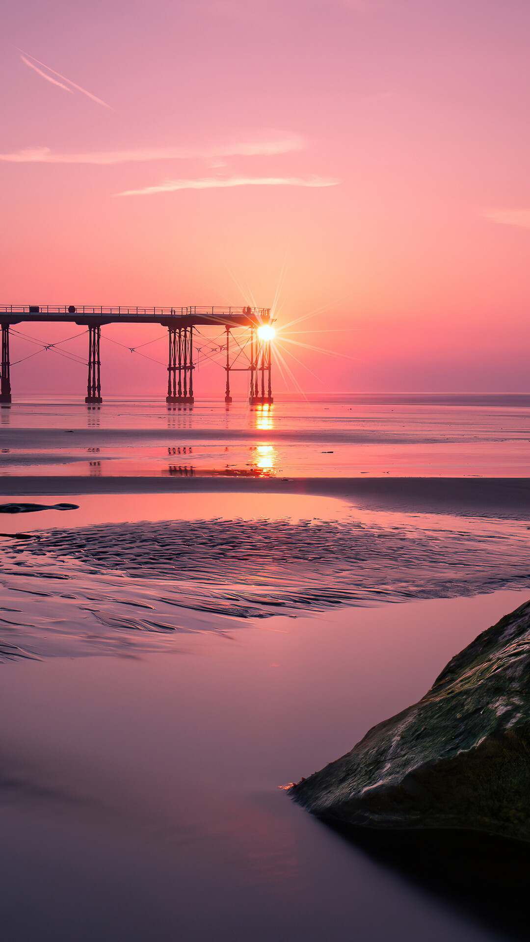 Pier beach sunset, Idyllic setting, Peaceful waters, Golden reflections, 1080x1920 Full HD Phone