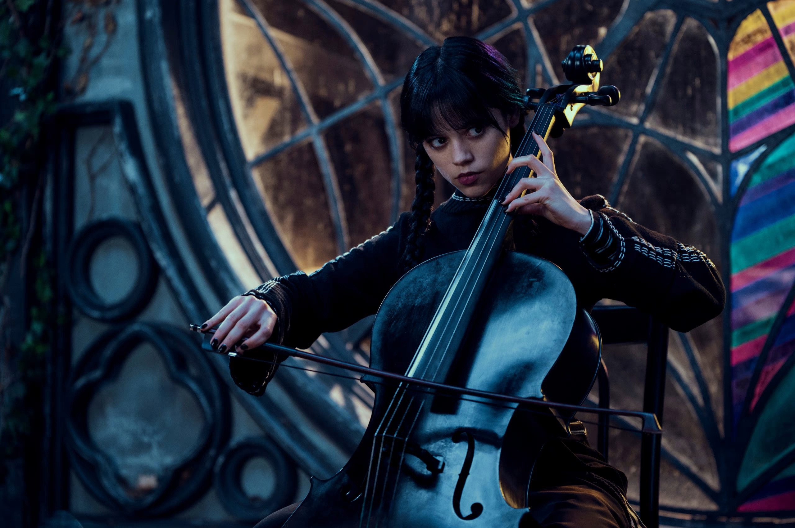 Wednesday Addams, black cello, Ophelia Hall window, HD Desktop wallpaper