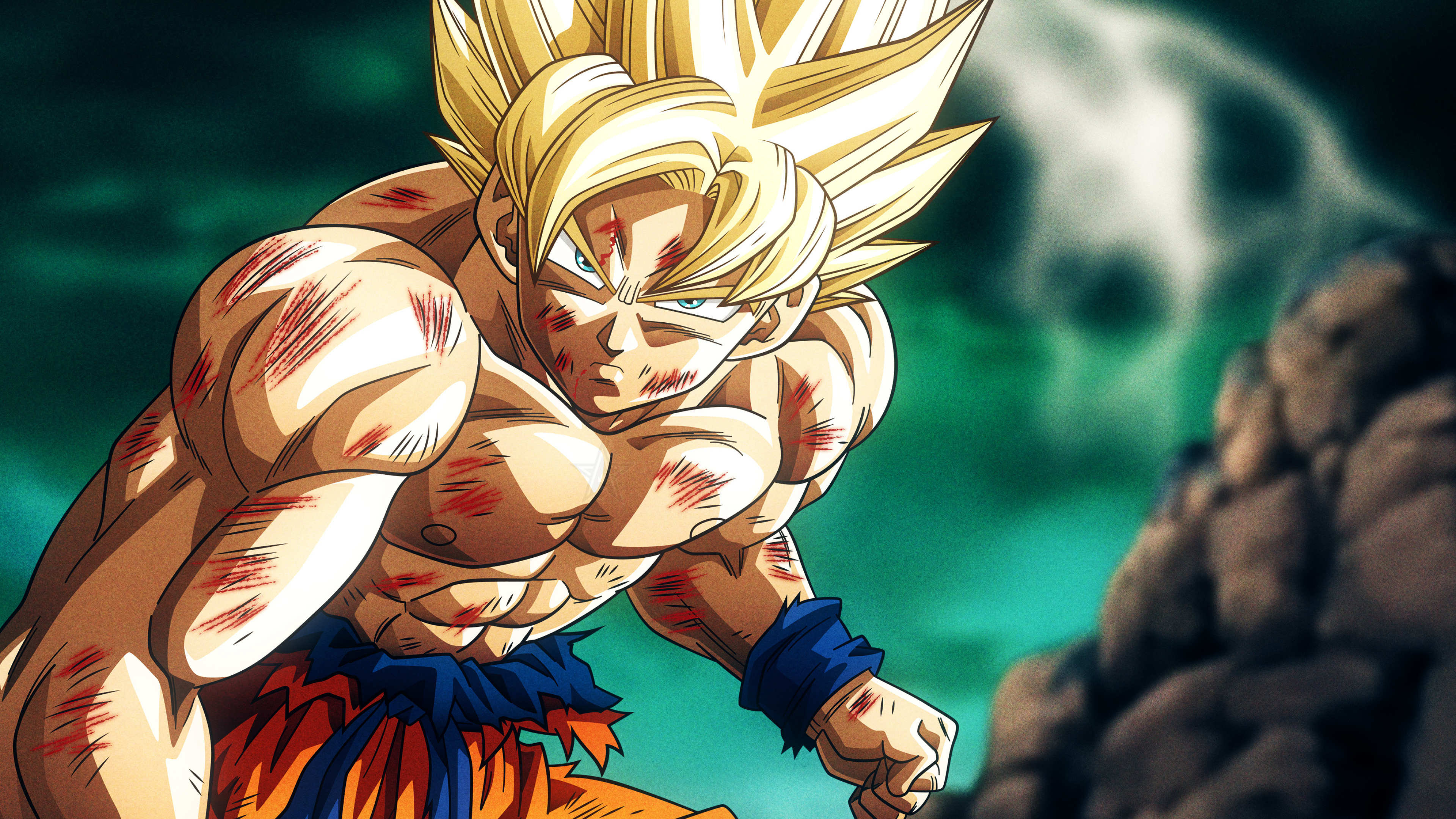 Super Saiyan Goku, Battle damaged torn gi, Planet Namek landscape, 4K Desktop wallpaper