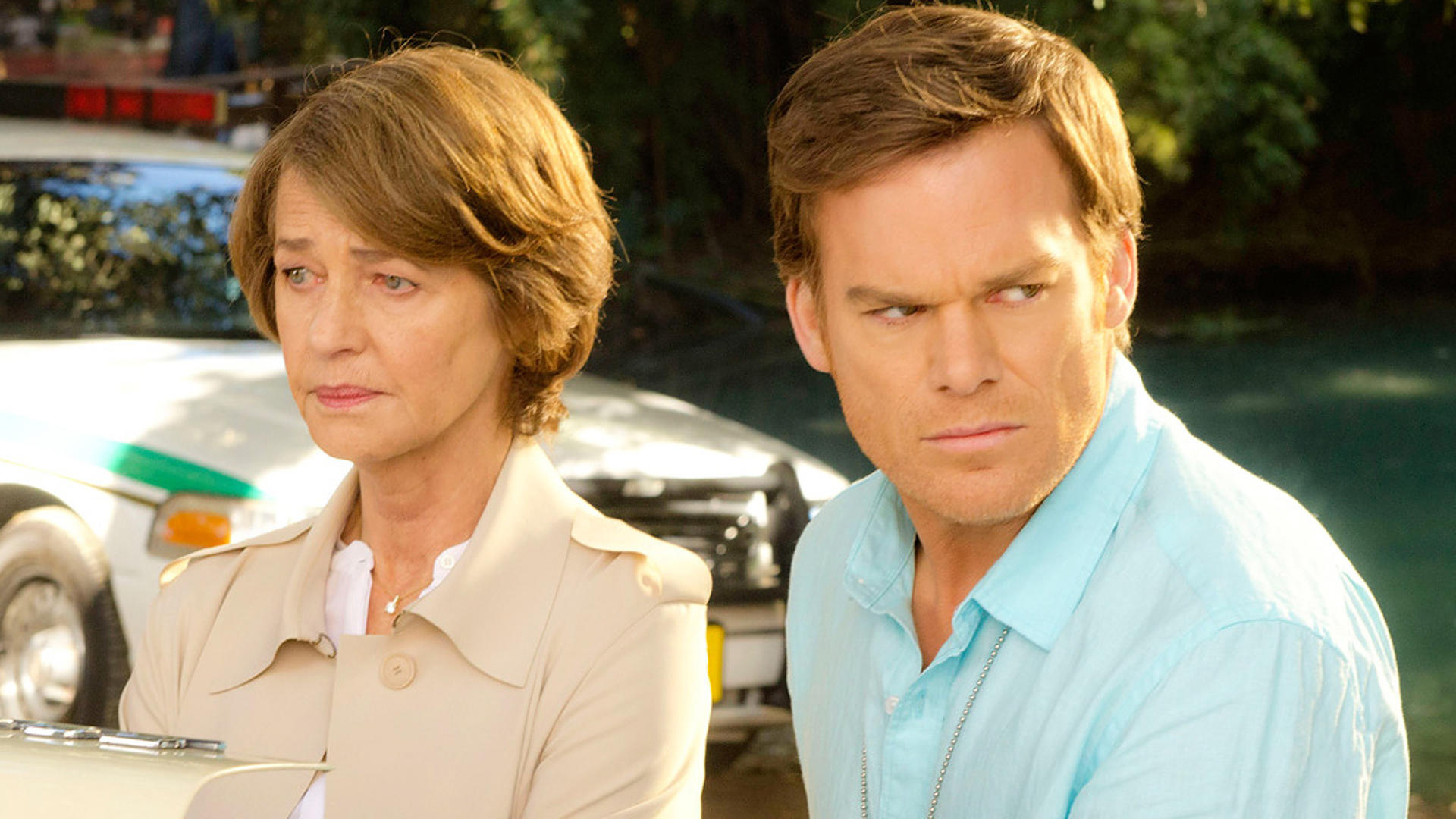 Dexter Morgan, Dr. Evelyn Vogel, Miami Metro police car, Full HD Desktop wallpaper