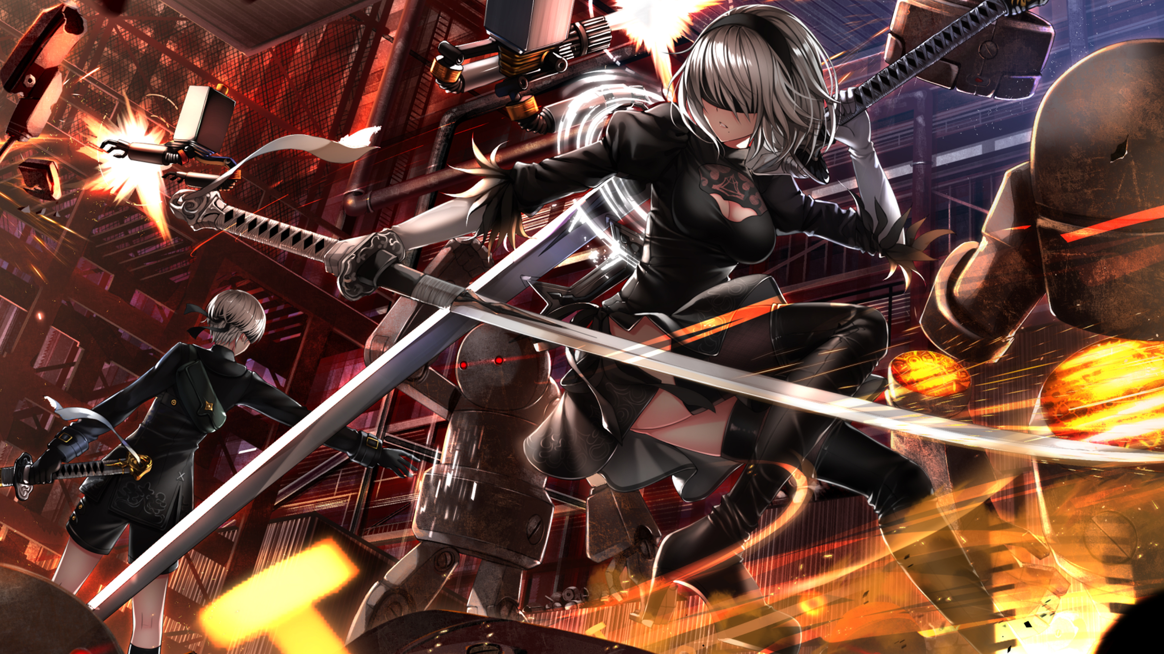 2B, 9S, Pod 042, Machine lifeforms, 4K Desktop wallpaper
