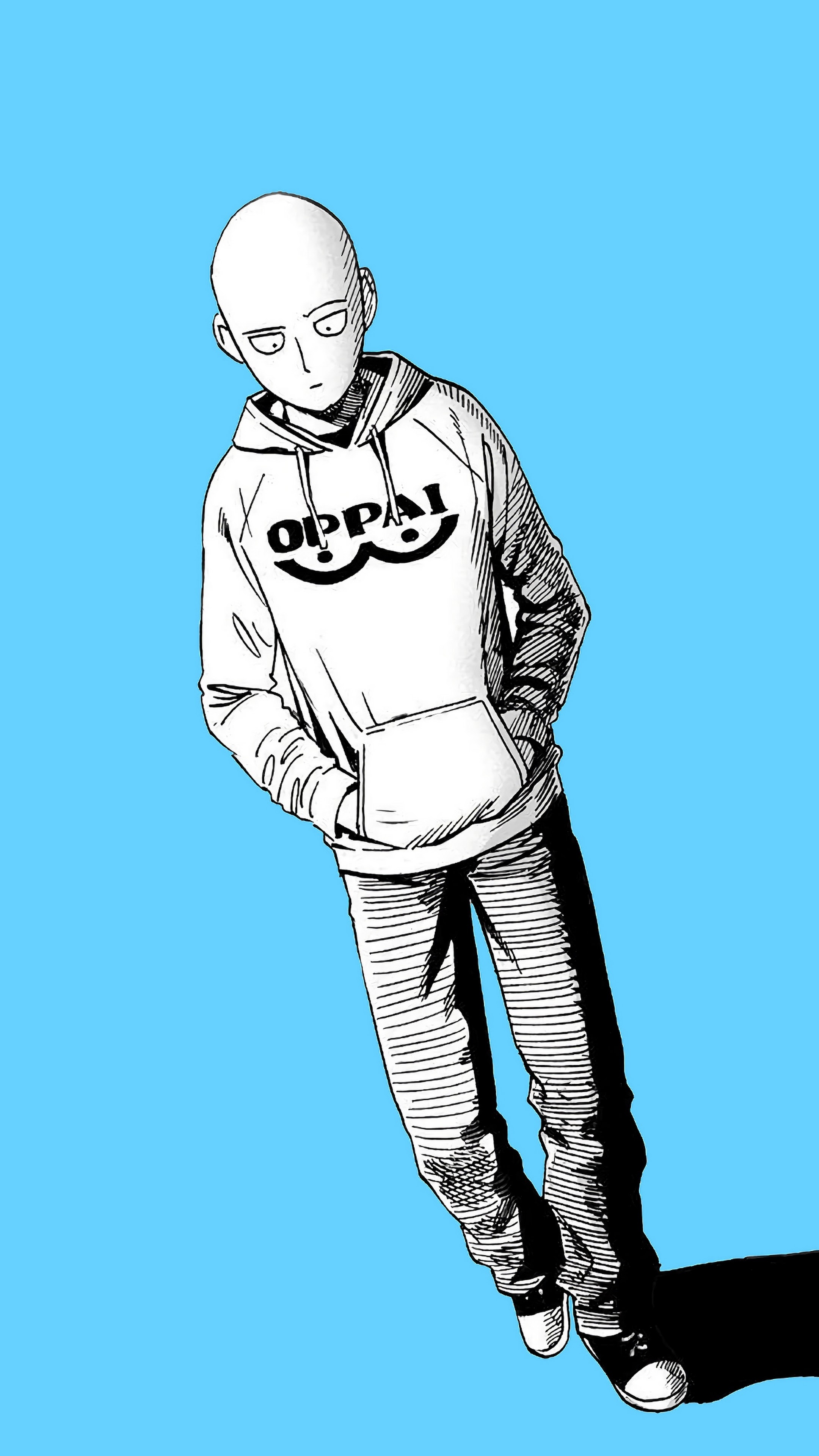 Saitama, OPPAI hoodie, Cyan blue background, 4K Phone wallpaper