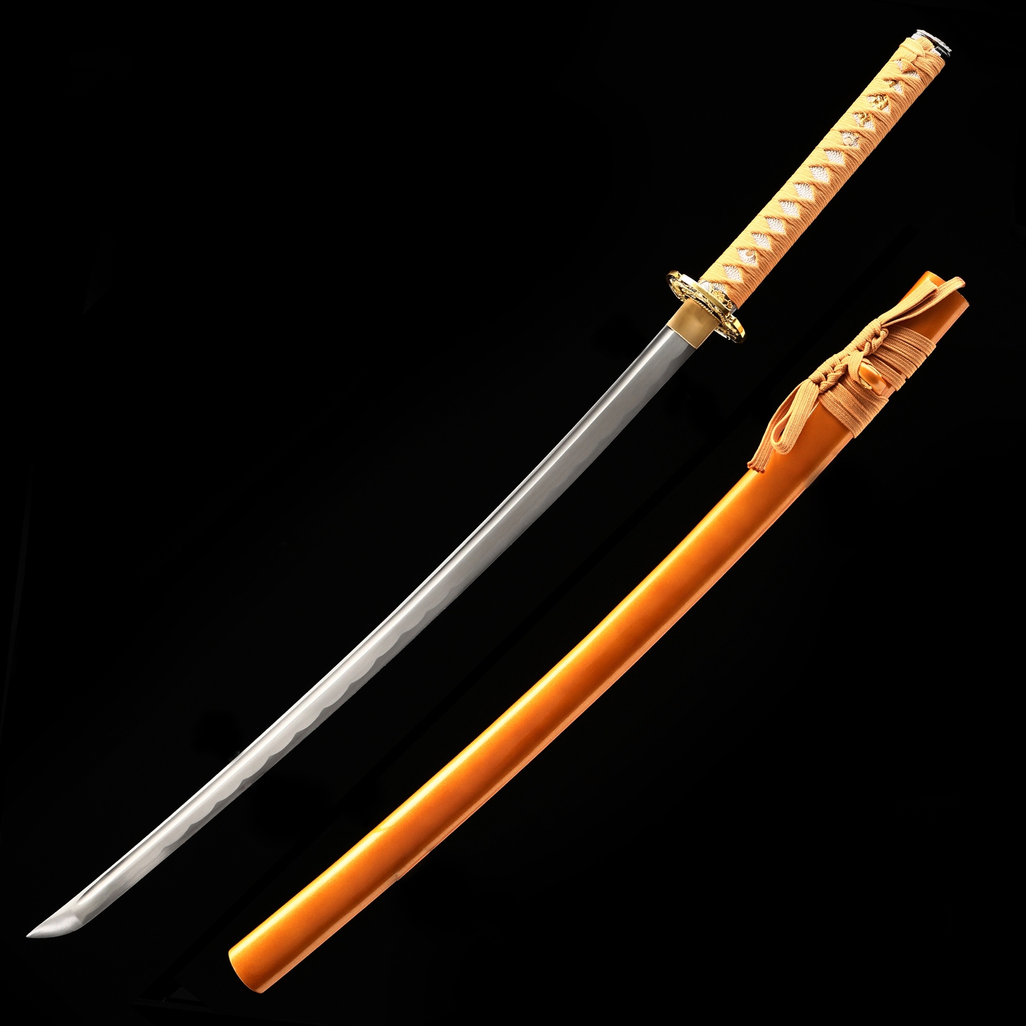 Japanese katana sword, Orange lacquer saya, Steel blade with hamon, HD Phone wallpaper