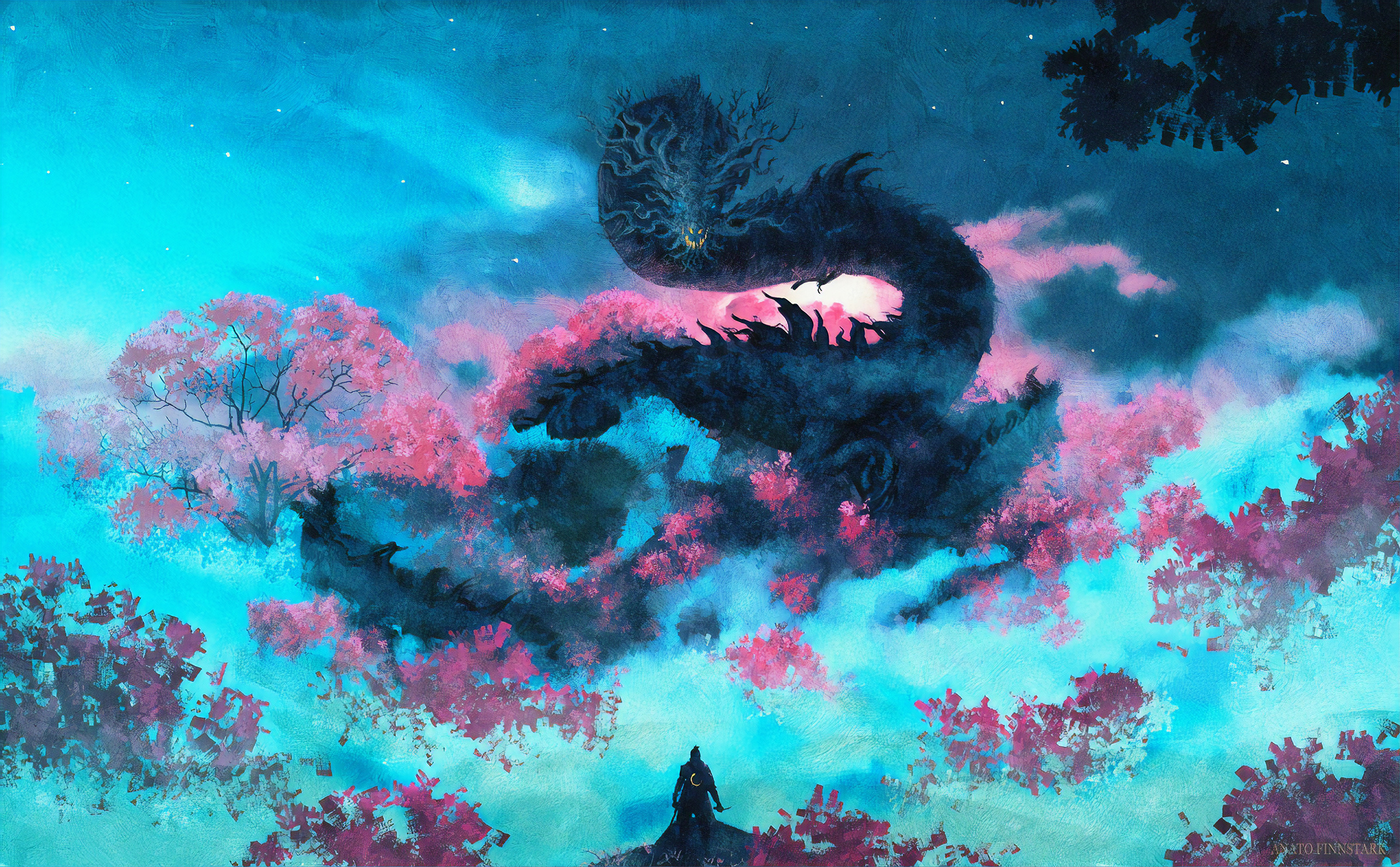 Divine Dragon, Sekiro Wolf silhouette, blooming sakura trees, HD Desktop wallpaper