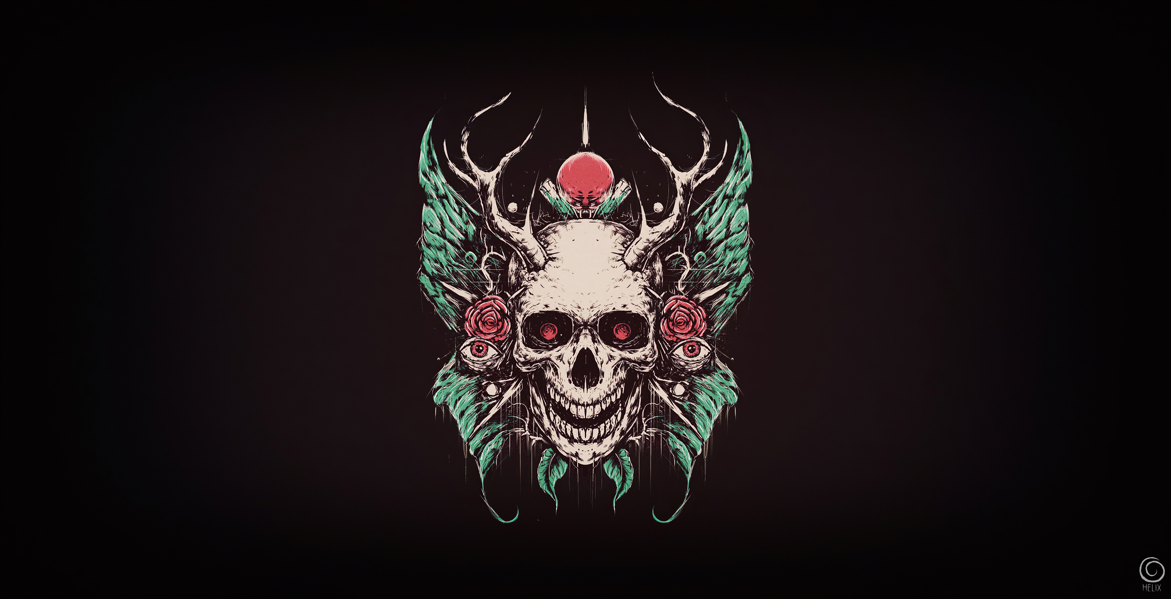 Antlered skull green wings, Red roses at temples, Teal feather drips, HD Desktop wallpaper