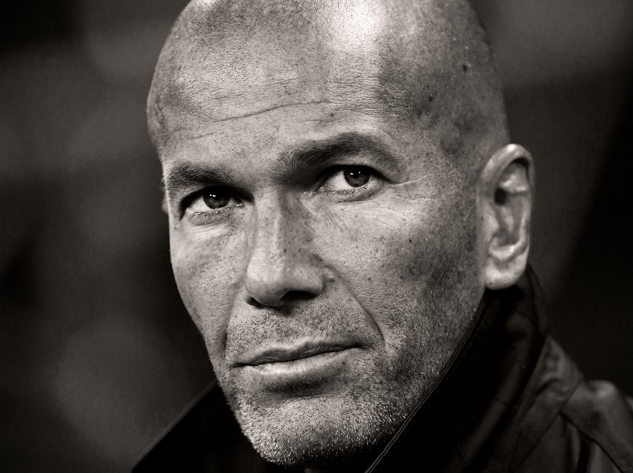 Zinedine Zidane, Close-up face portrait, Black and white photography, HD Desktop wallpaper