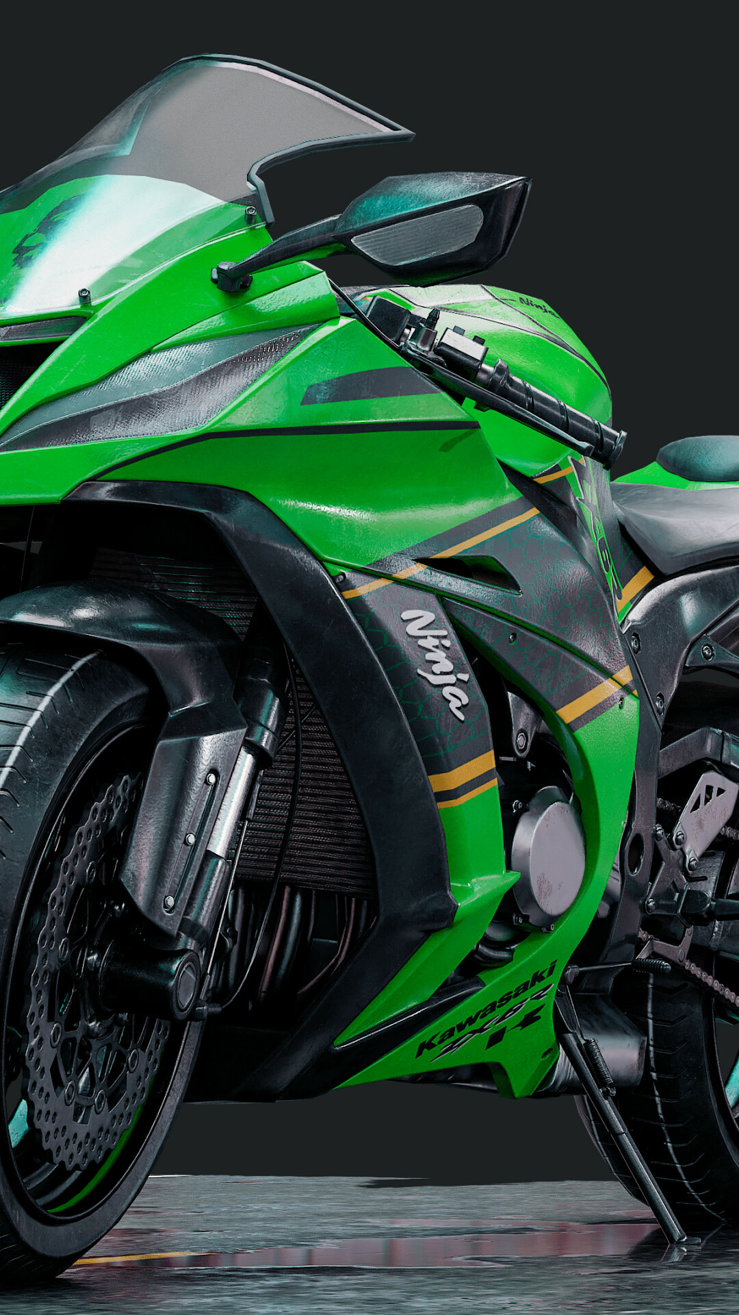 Kawasaki Ninja ZX, Impressive team design, High-resolution artwork, 1080x1920 Full HD Phone