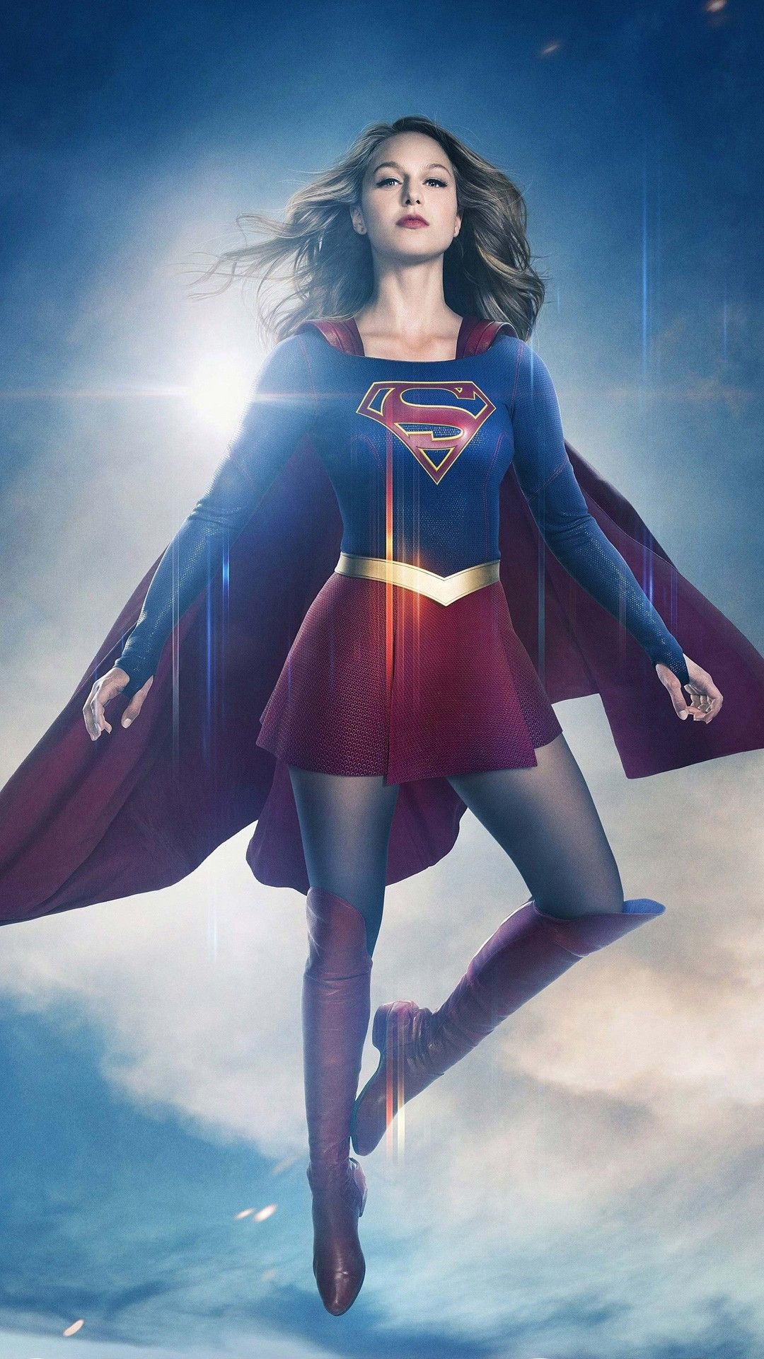 Melissa Benoist as Supergirl, House of El crest, Sunlit cloudy sky, Full HD Phone wallpaper