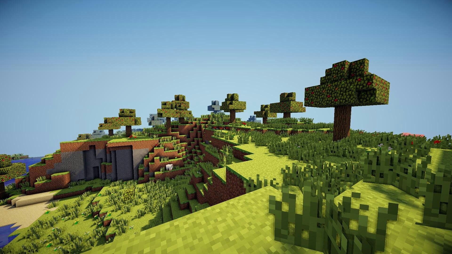 Minecraft plains biome, blocky oak trees, Minecraft shader lighting, Full HD Desktop wallpaper