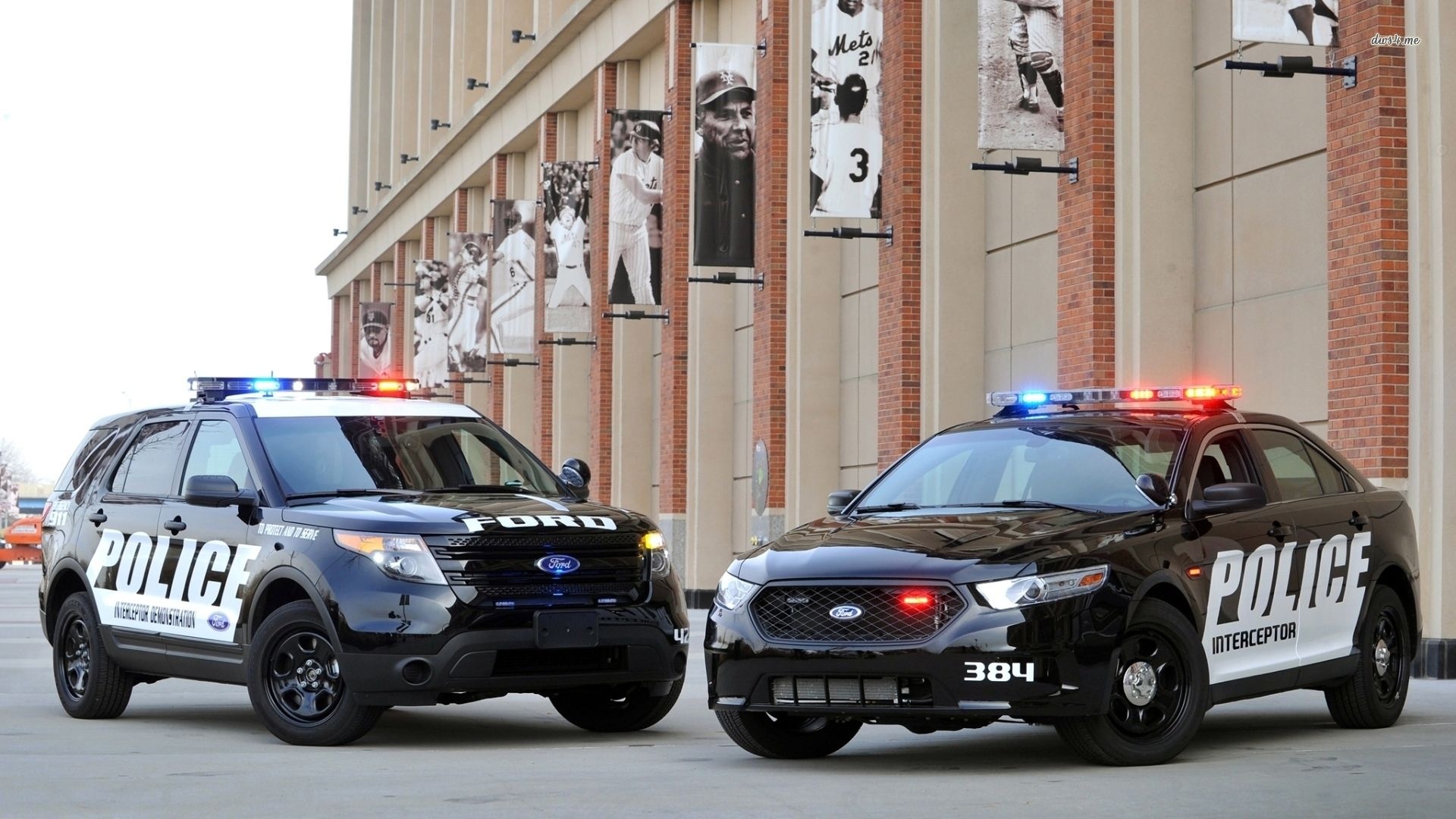 Ford Police Interceptor Sedan, Ford Police Interceptor Utility, Citi Field stadium facade, Full HD Desktop wallpaper